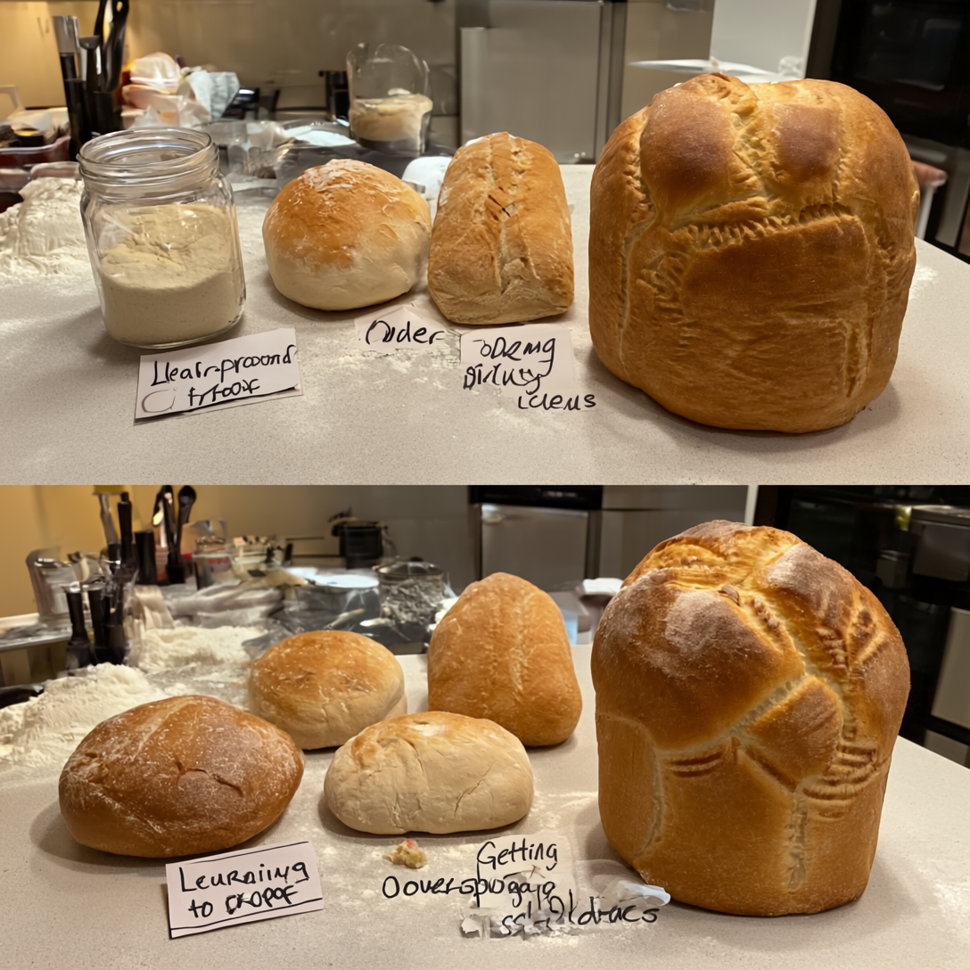 Baker's journey progression showing improving loaves - beginner sourdough tips
