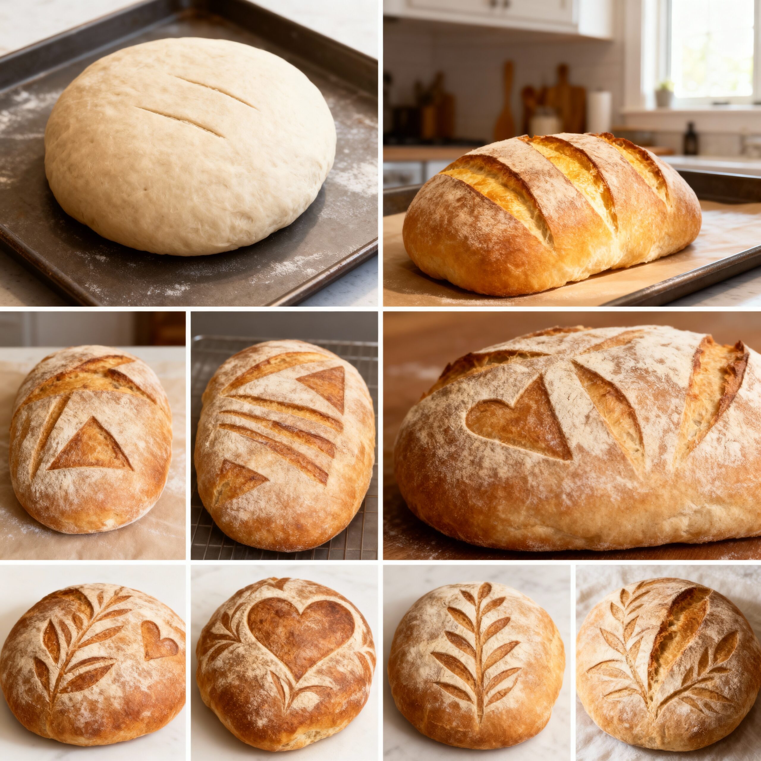 Different scoring patterns on sourdough bread - beginner sourdough tips