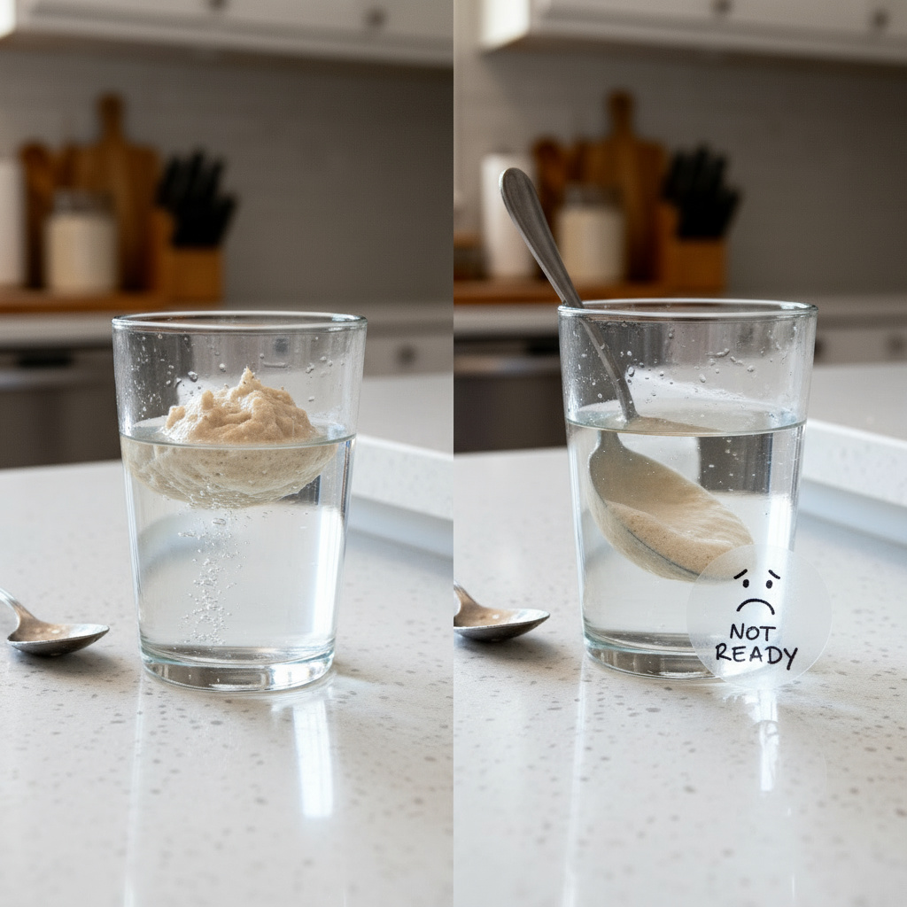 Glass of water with starter floating test - beginner sourdough tips