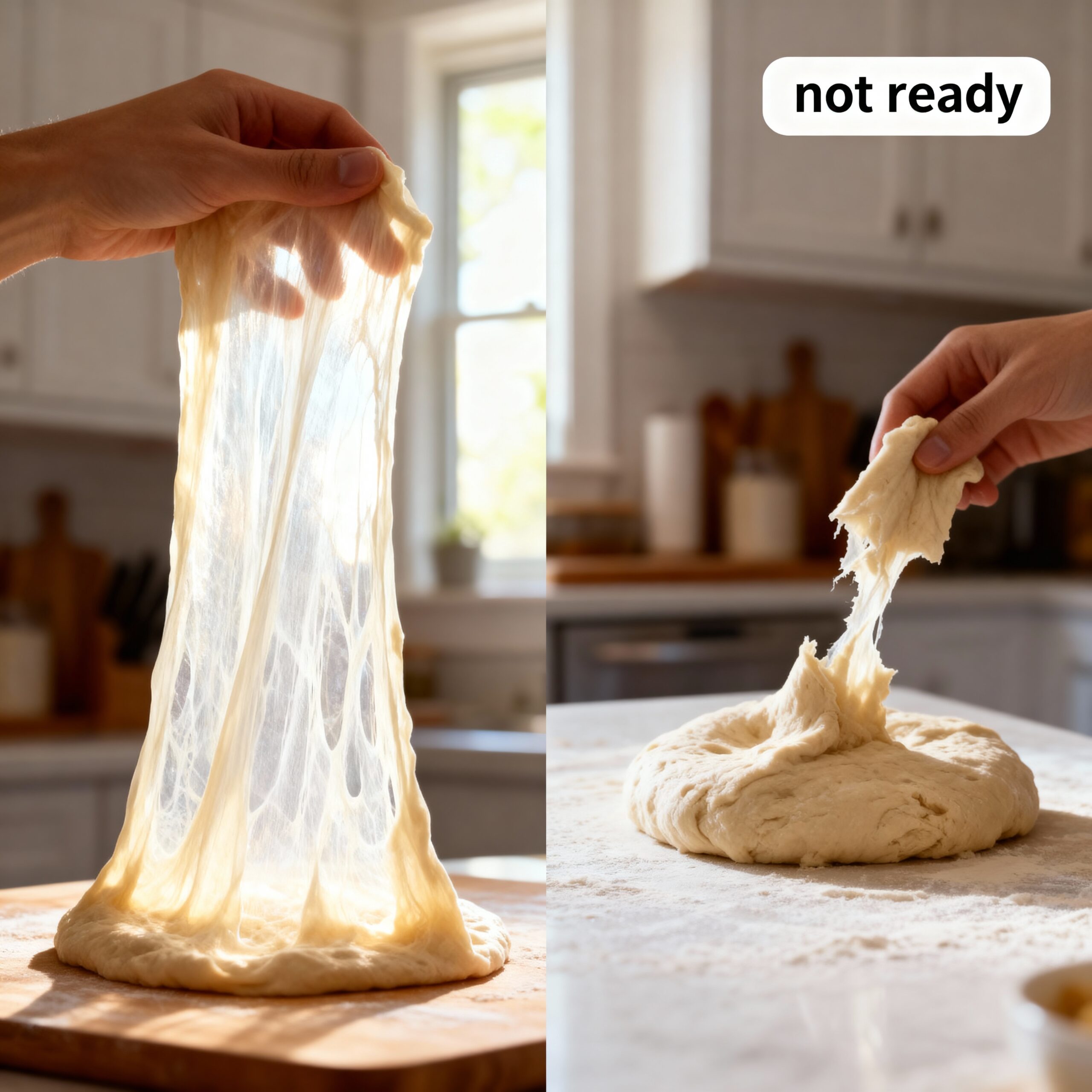 Hand holding dough stretched thin for windowpane test - beginner sourdough tips