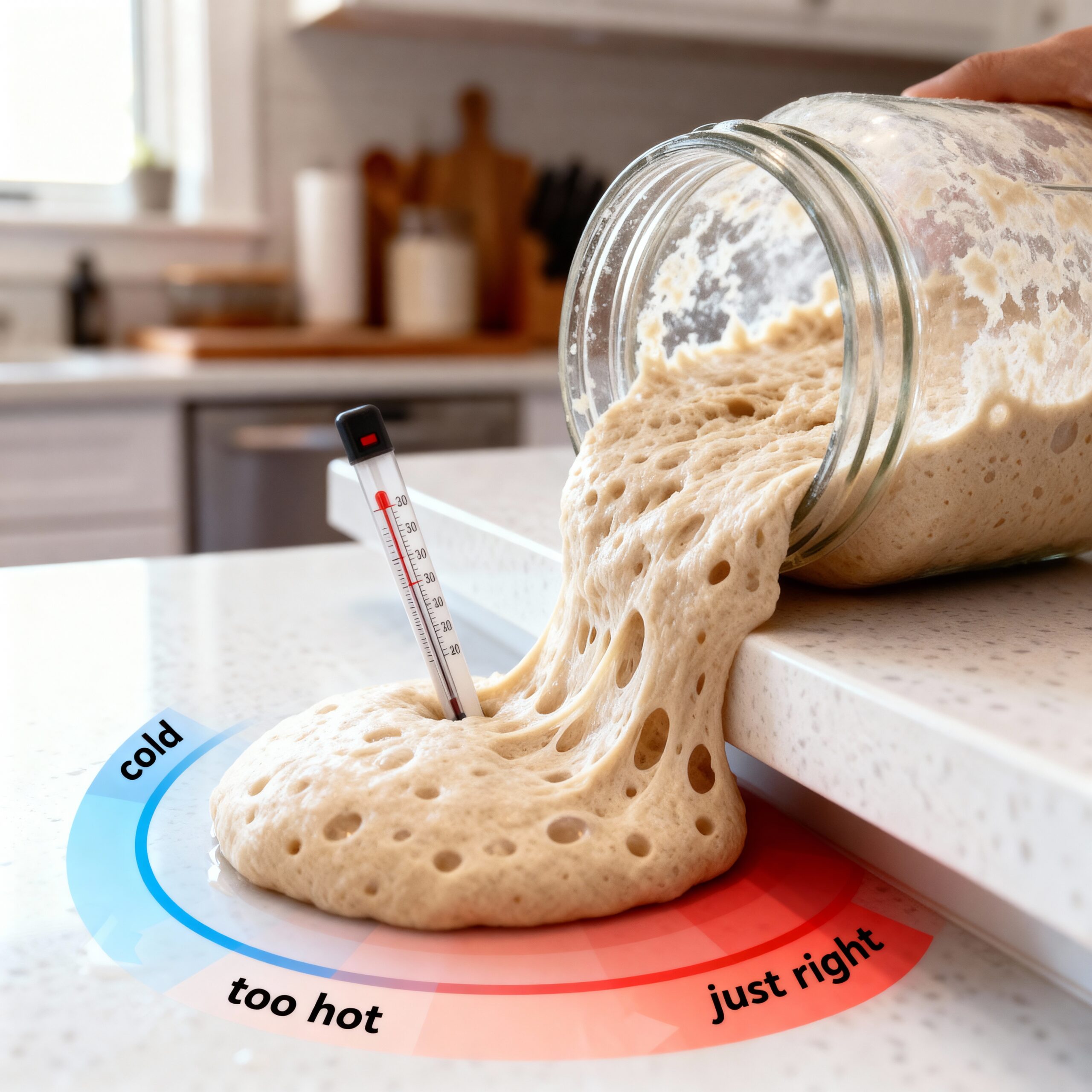 Thermometer in bowl of dough showing temperature - beginner sourdough tips