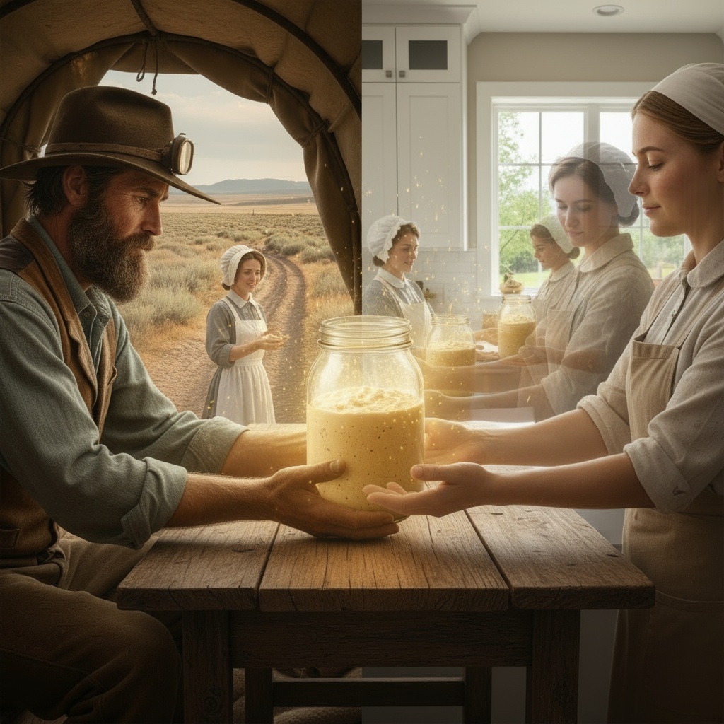 19th-century miner with sourdough starter on Oregon Trail - beginner sourdough tips