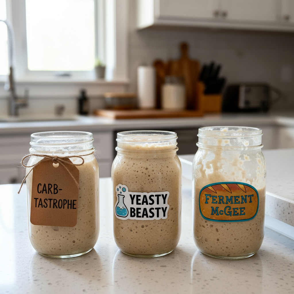 Sourdough starter jars with funny names - beginner sourdough tips