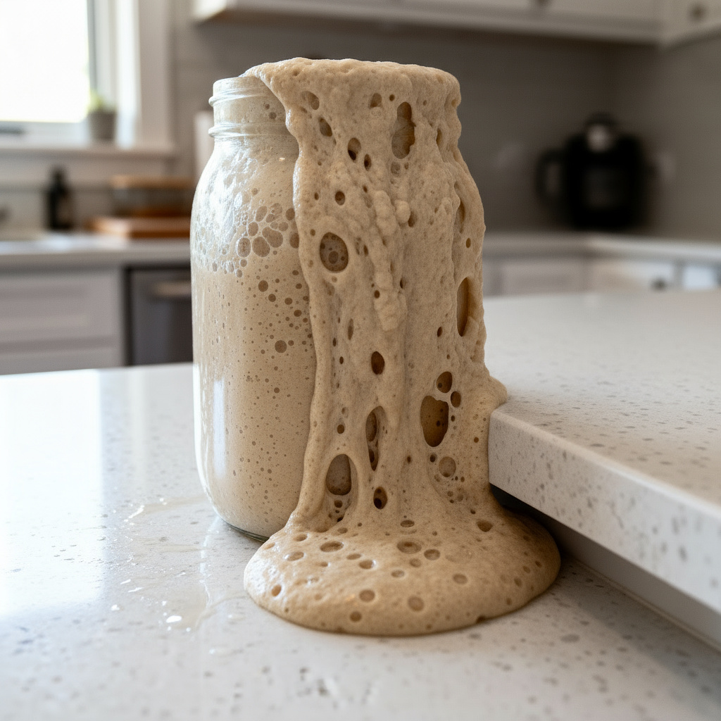 Sourdough starter overflowing from jar - beginner sourdough tips