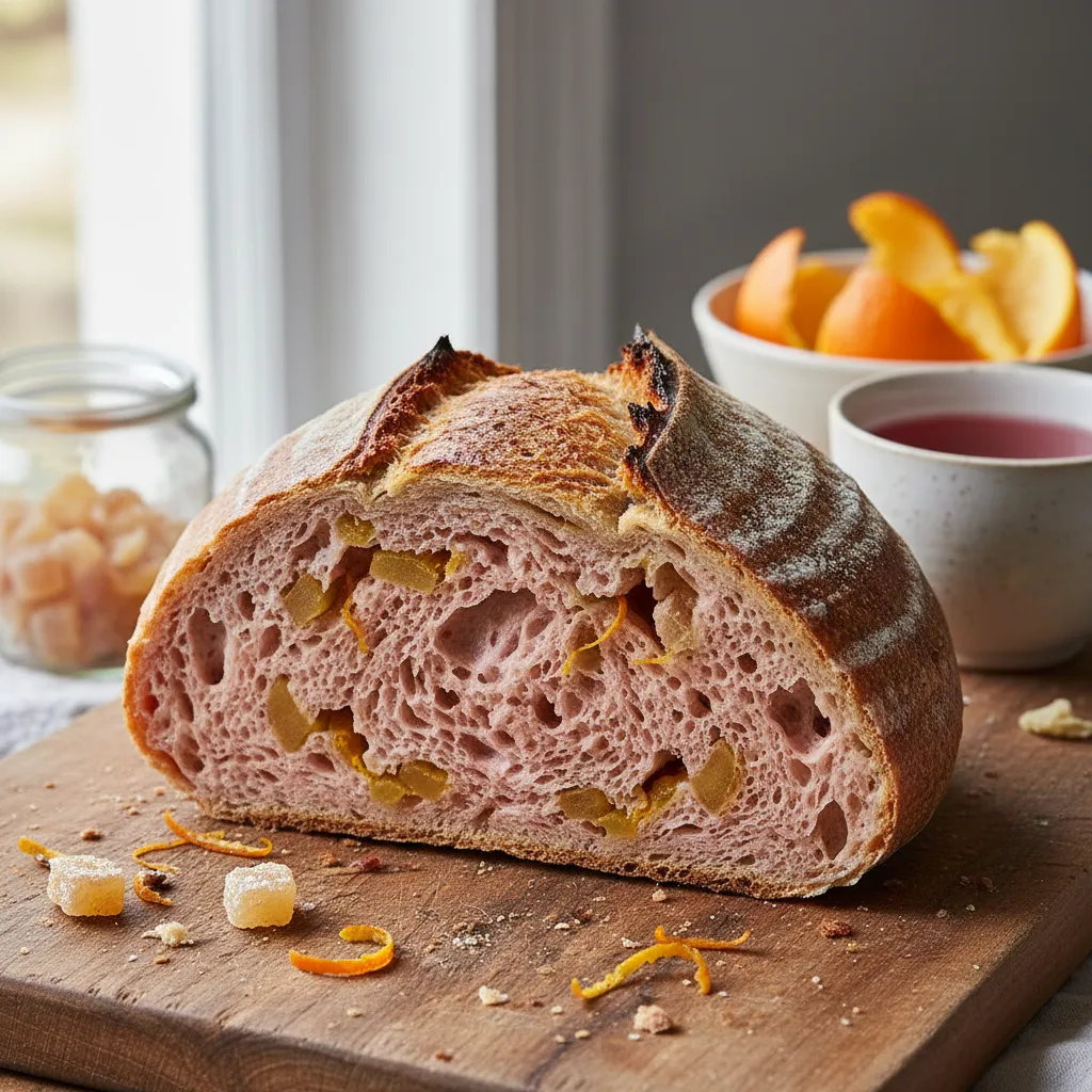 Artisan sourdough loaf with creative flavor ingredients arranged nearby