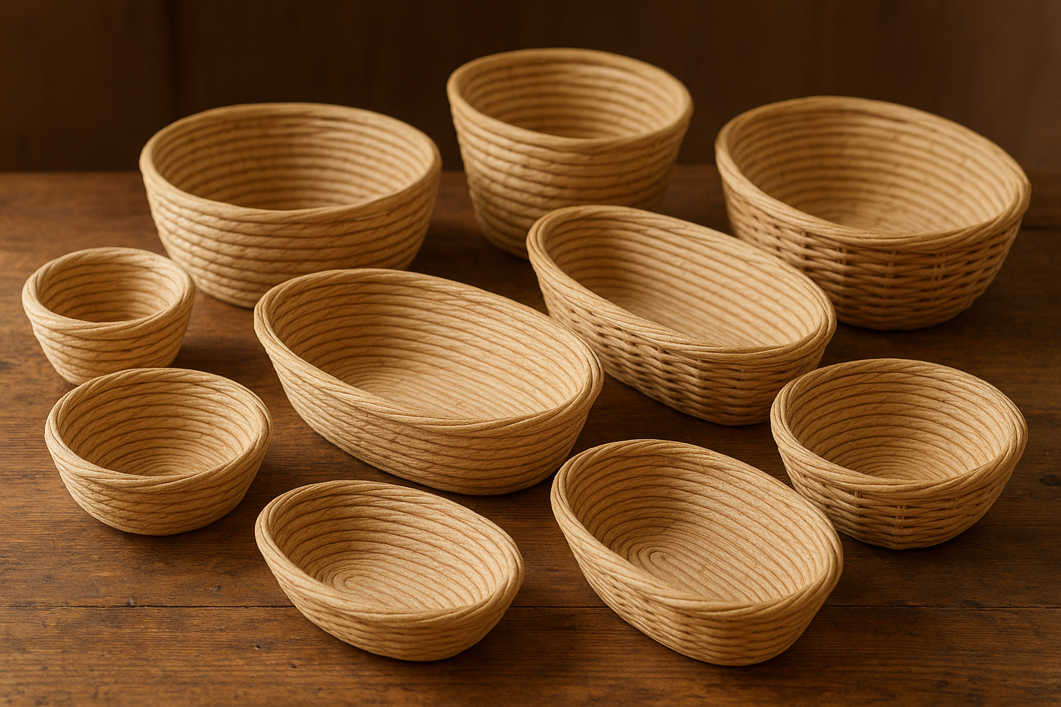 A rustic wooden kitchen table displaying an artisan collection of handcrafted bread proofing baskets in various natural sizes and shapes, ranging from small circular to elegant oval designs. The woven baskets are made from light-colored rattan and natural wicker materials, arranged in an aesthetical