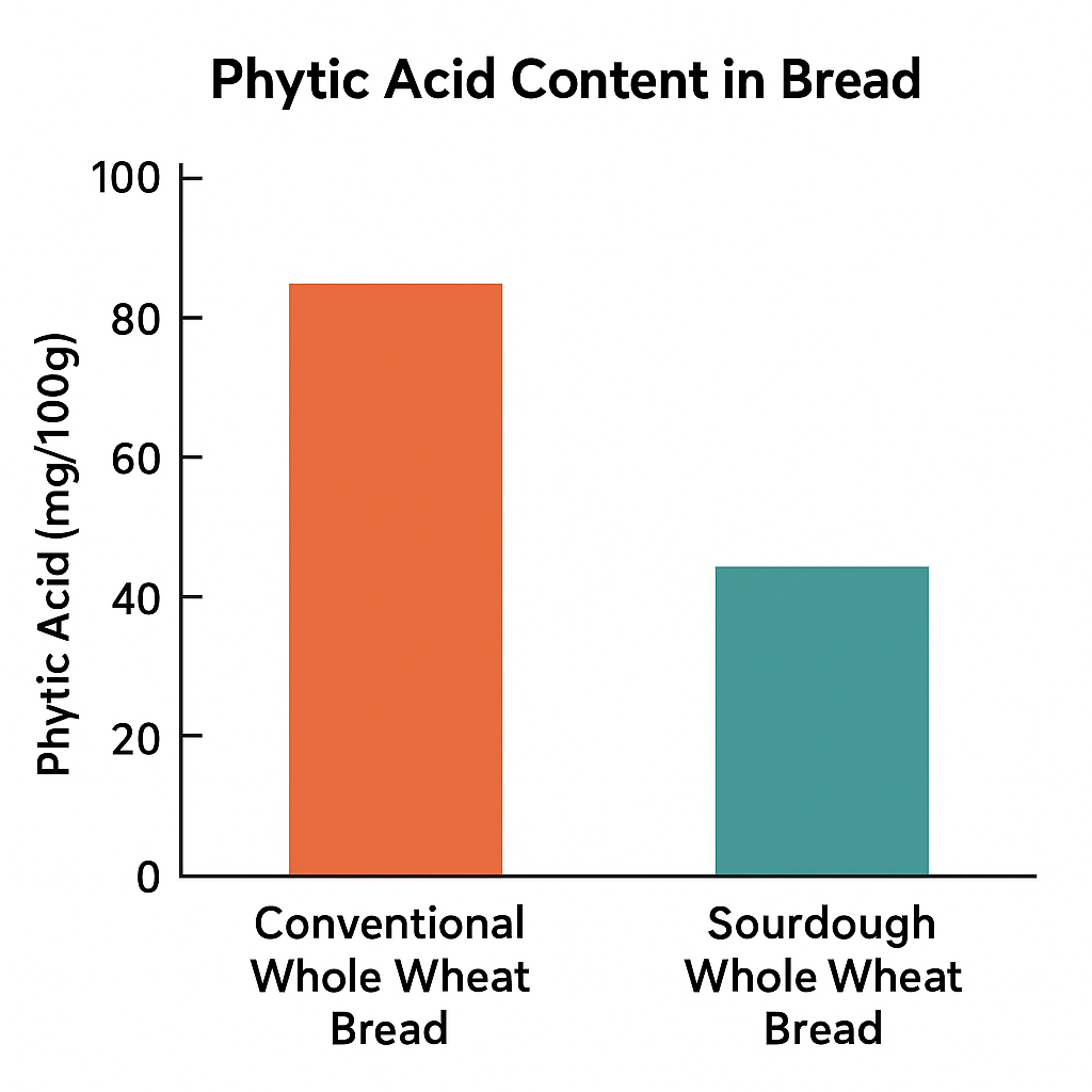 Bar chart comparing the phytic acid content in conventional whole wheat bread versus sourdough whole wheat bread, showing a lower percentage in sourdough.