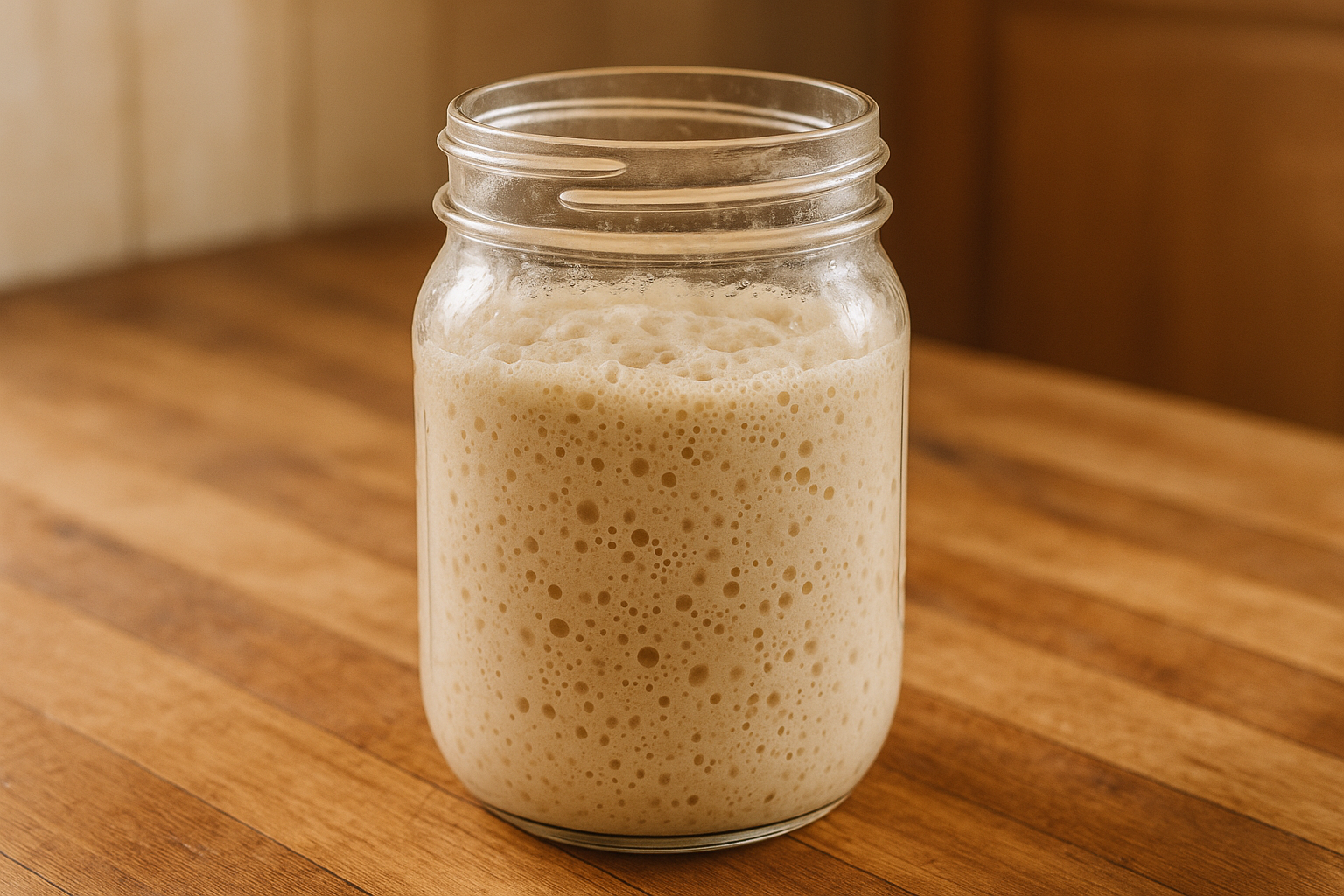A rustic glass mason jar filled with bubbling, frothy fermented bread mixture, showing active yeast culture with small air bubbles and a slightly foamy, creamy texture, soft natural lighting highlighting the organic fermentation process, placed on a wooden kitchen countertop with soft, warm tones in