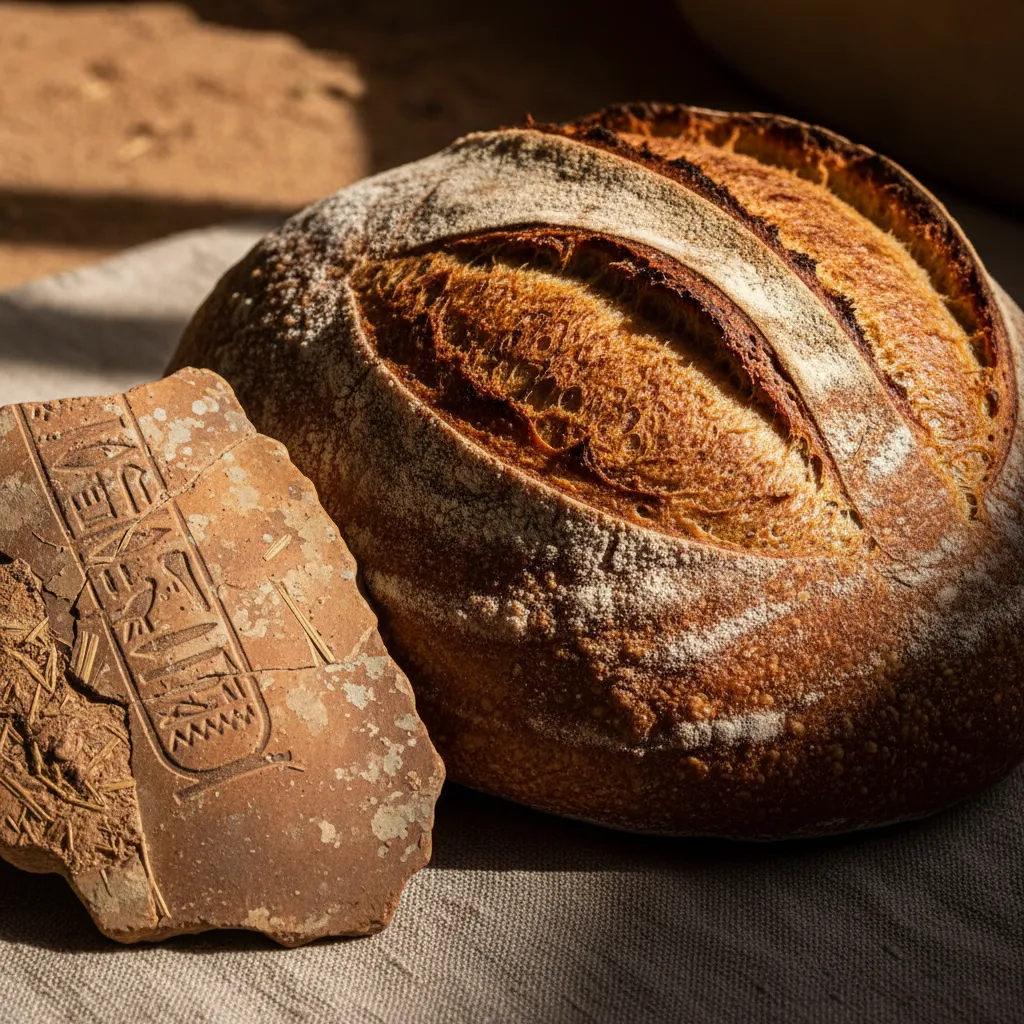 Ancient Egyptian bakery scene with sourdough fermentation vessels and grain.