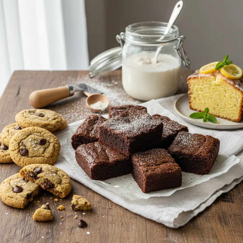 Freshly baked sourdough discard brownies and cookies on cooling rack.