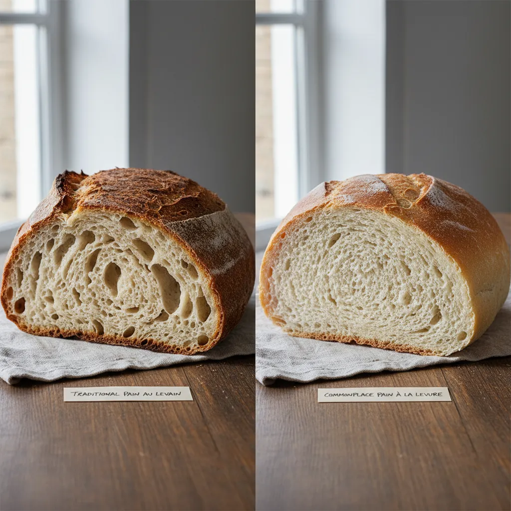 Rustic sourdough loaves cooling on wooden table, French bakery setting