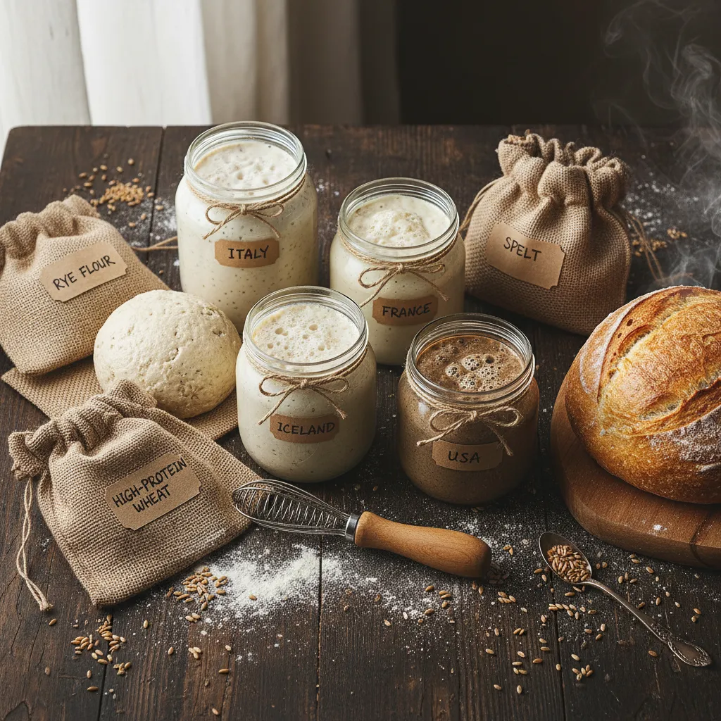 Various sourdough starters in glass jars at different fermentation stages