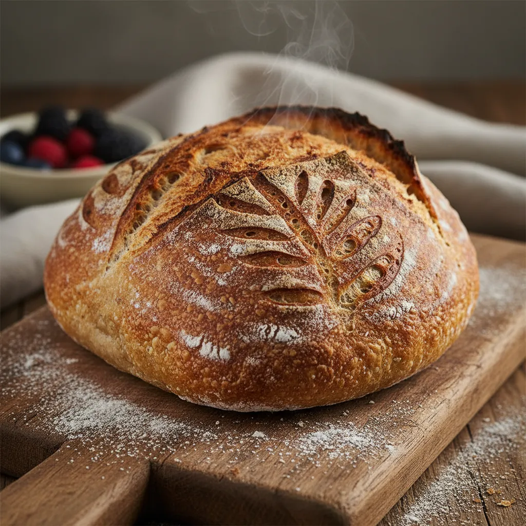 Close-up of artisan sourdough loaf with crispy crust and open crumb structure