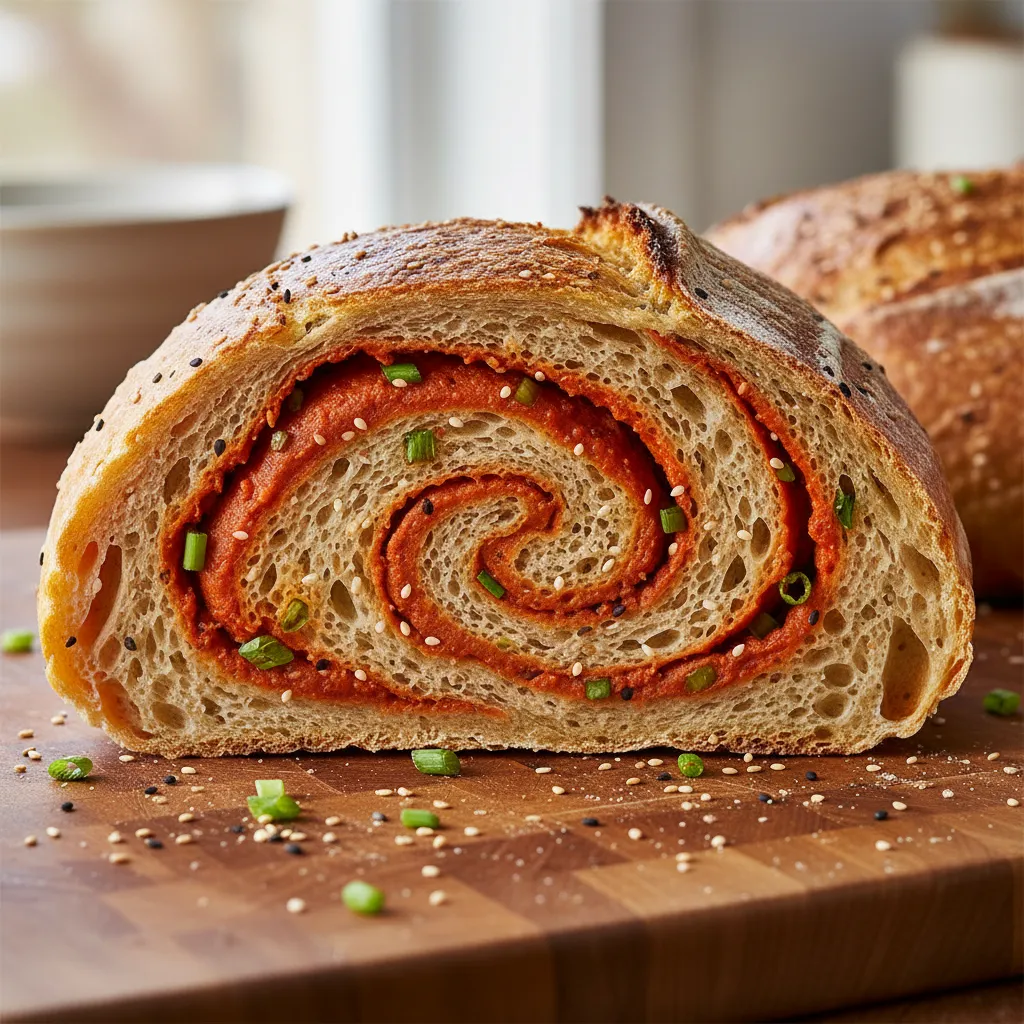 Artisanal sourdough loaves with creative flavor ingredients and toppings displayed.