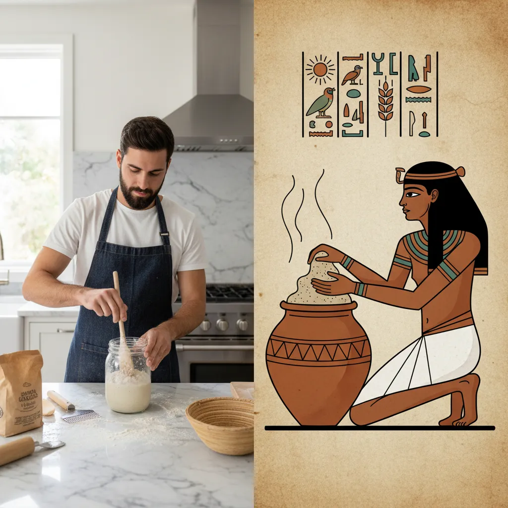 Ancient Egyptian baker kneading sourdough dough near clay vessels