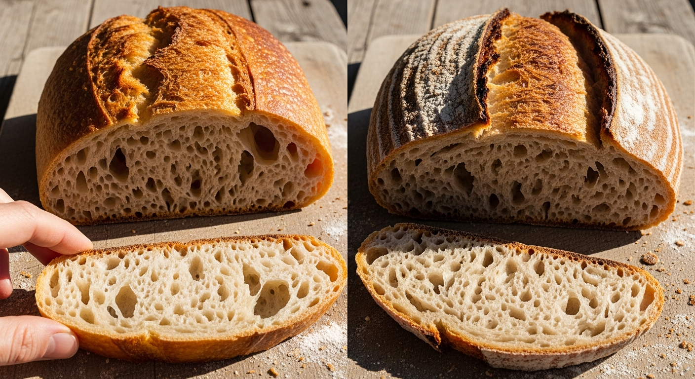 An authentic Instagram-style food photography shot capturing two distinct artisan bread loaves side by side on a rustic wooden cutting board, taken with natural window lighting like a smartphone camera. The left loaf shows a classic pain au levain with its characteristic golden-brown crust and irregular air pockets visible in a cross-section slice, while the right loaf displays a traditional sourdough with its darker, more blistered crust and denser crumb structure, also cut to reveal the interior texture. The real-life moment captured shows someone's hand reaching to touch or tear one of the bread pieces, emphasizing the tactile, textural differences between the two varieties. Scattered flour dusts the wooden surface naturally, with a few loose crumbs around the breads, and soft natural daylight streams from the side creating realistic shadows and highlights that accentuate the crusty exteriors and airy interiors of both loaves. The sharp focus and detailed textures reveal every crevice in the crusts, the varying hole sizes in the crumb, and the authentic, lifelike quality of freshly baked bread as if photographed for a TikTok baking tutorial or Instagram food blog post. The casual real-world photography style captures the scene from a slight overhead angle, typical of social media food content, with natural colors showing the warm golden and caramel tones of the bread against the weathered wood grain of the board.