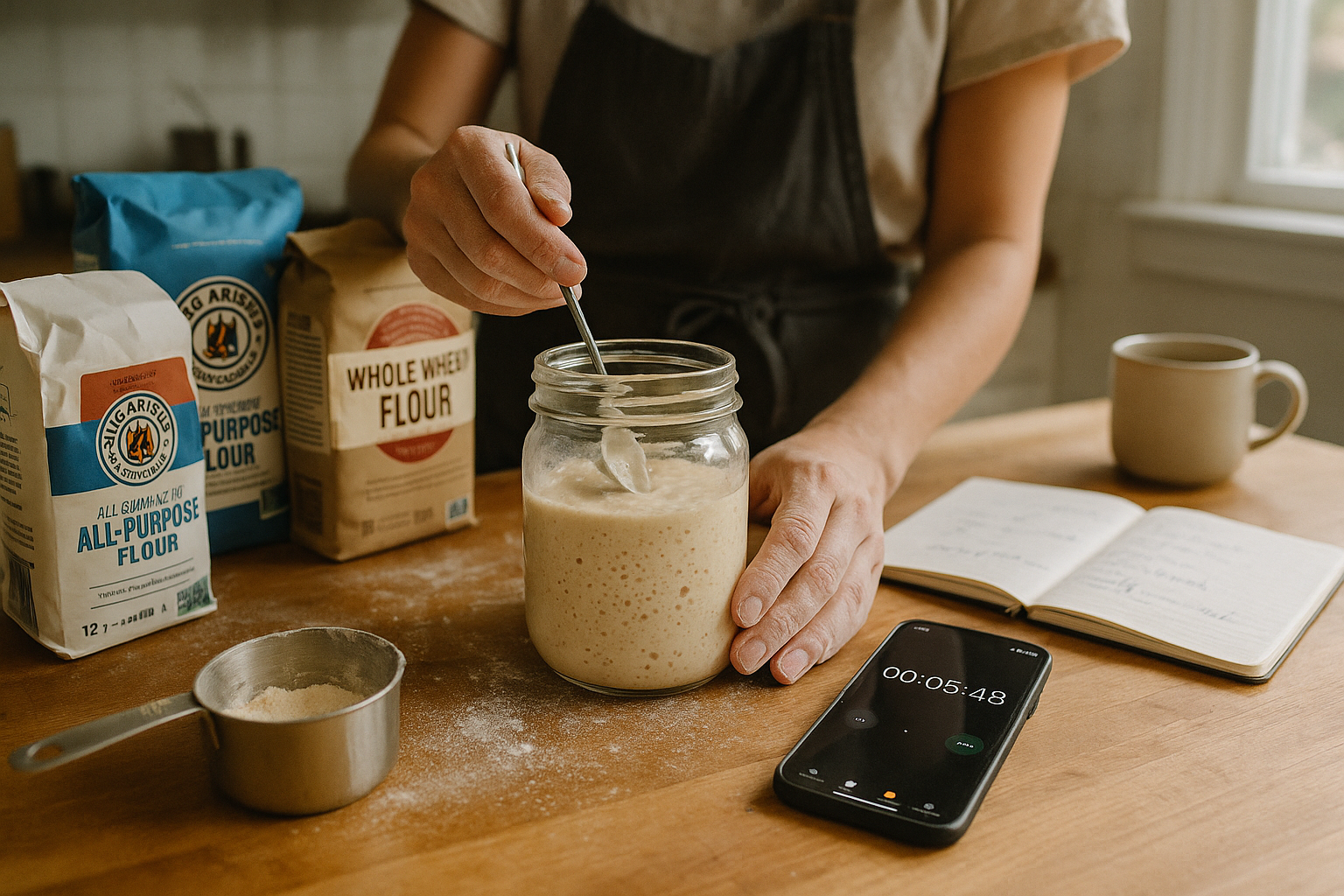An authentic Instagram-style photo capturing a real-life moment in an artisanal bakery, showing a rustic wooden table with two distinct handcrafted loaves of bread side by side - a traditional French pain au levain with its characteristic golden-brown crust and flour dusting on the left, and a classic sourdough loaf with its deeper caramelized crust and distinctive scoring pattern on the right. The natural lighting streams through a nearby window, creating soft shadows and highlighting the detailed textures of each bread's crust - the pain au levain's smooth, slightly blistered surface contrasts with the sourdough's more pronounced bubbles and crackled appearance. In the background, slightly out of focus with natural depth of field as if taken with a smartphone camera, are scattered flour particles on the wooden surface, a linen bread cloth, and the blurred silhouette of a baker's hands dusting flour, creating an authentic bakery atmosphere. The composition is casual yet aesthetically pleasing, typical of real-life food photography shared on TikTok or Instagram, with warm, natural colors and sharp focus on the bread's intricate details - visible air pockets through a partially torn section of each loaf, the contrast between their crumb structures, and the subtle differences in their golden-brown hues. The scene captures an authentic everyday moment in a working bakery, with realistic lighting that showcases the tactile qualities of both breads, their artisanal craftsmanship evident in every detail, photographed as if someone paused during their bakery visit to share this beautiful comparison on social media.