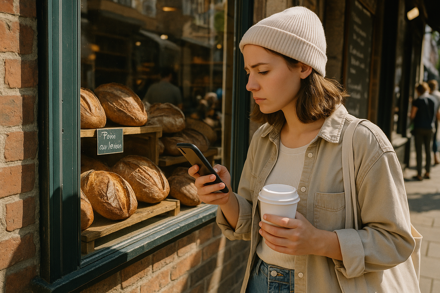 Instagram-style photo of a young woman in casual weekend attire standing outside a charming neighborhood artisan bakery, holding her smartphone in one hand while carefully examining freshly baked sourdough loaves displayed in the window, natural morning sunlight casting soft shadows on the brick storefront. The authentic social media photography captures her concentrated expression as she reads information on her phone screen, comparing details about different bread varieties, with rustic wooden shelves visible through the glass showcasing various artisan loaves including pain au levain and traditional sourdough breads with their distinctive crusts and scoring patterns. Real-life moment captured with natural lighting like a phone camera, showing detailed textures of the crusty bread surfaces, the weathered bakery facade with a handwritten chalkboard menu partially visible, and other customers browsing in the background creating an authentic everyday shopping scene. The casual real-world photography features realistic lighting with sharp focus on the subject in the foreground, natural colors highlighting the golden-brown bread crusts, and the genuine atmosphere of a local bakery district where discerning bread enthusiasts research and select their purchases. The lifelike composition includes authentic details like her canvas tote bag, the morning coffee cup in her other hand, and the organic, unposed quality typical of TikTok real-life photos documenting the modern consumer experience of seeking quality artisan bread.