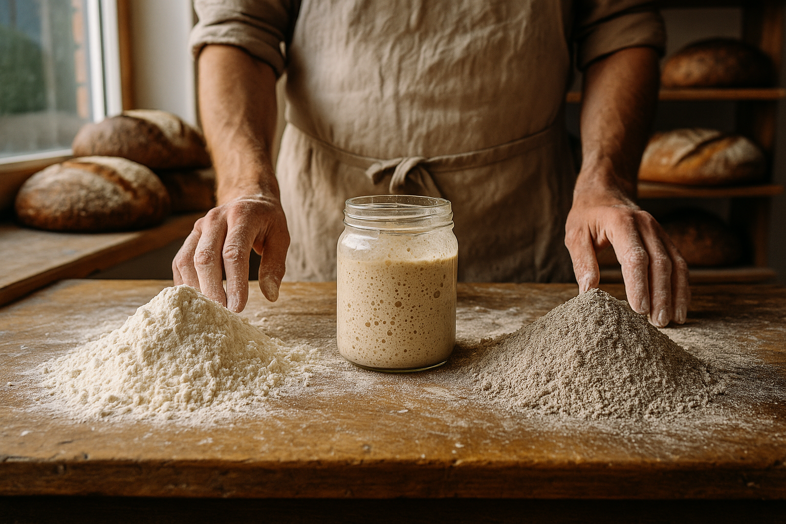 An Instagram-style photo capturing an authentic bakery moment where a baker's hands work with two distinct types of flour on a rustic wooden counter, natural morning light streaming through a window illuminating the scene with soft, realistic lighting. The left side shows a mound of pale wheat flour with its fine, powdery texture clearly visible in sharp focus, while the right side displays darker, coarser rye flour with its distinctive grayish-brown color and granular texture, both captured with the detailed clarity of a smartphone camera. Between the flour piles, traditional sourdough starter in a glass jar sits prominently, its bubbly, active surface catching the natural light, creating an authentic everyday moment in a real bakery setting. In the slightly blurred background, various international bread loaves from famous sourdough-making countries rest on wooden shelves - a dark German rye bread, a rustic French pain de campagne, and a Scandinavian whole grain loaf - all photographed with the casual composition typical of real-life social media food photography. The baker's flour-dusted apron and weathered hands add authentic texture to this TikTok real-life photo style scene, with natural colors, lifelike depth of field, and the genuine imperfections that make social media photography feel real and relatable, as if this moment was spontaneously captured during an actual baking session and shared to document the traditional craft of international sourdough making.
