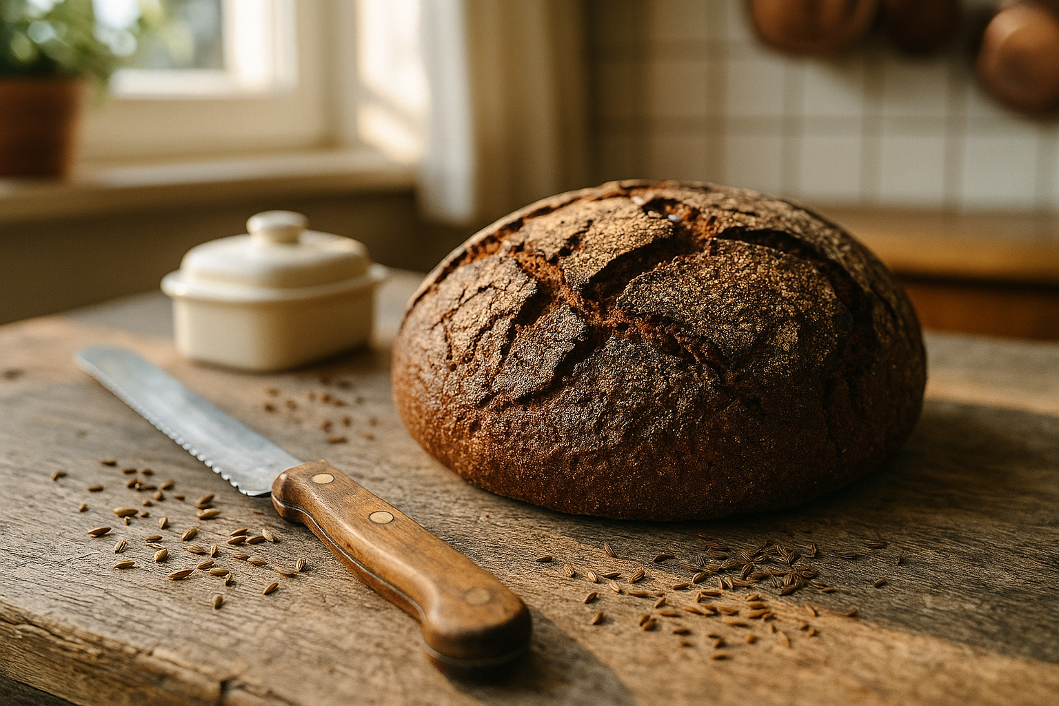 a vintage bread knife with a wooden handle resting beside the loaf, scattered rye grains and caraway seeds on the rustic table surface, and a small ceramic butter dish in soft focus in the background. The scene features natural morning light streaming through a kitchen window creating realistic shadows and highlights on the bread's textured crust, with detailed textures visible in every crack and grain of both the bread and the aged wooden surface beneath it. The background shows blurred hints of a traditional German kitchen with cream-colored tiles and copper cookware, shot with the shallow depth of field typical of modern smartphone portrait mode, creating that authentic everyday moment feel of real-life social media photography. The overall aesthetic captures the honest, unfiltered beauty of artisanal bread-making with lifelike colors, sharp focus on the bread's surface details, and the warm, inviting atmosphere of a genuine home baking experience as if taken with a phone and ready to post on TikTok or Instagram.