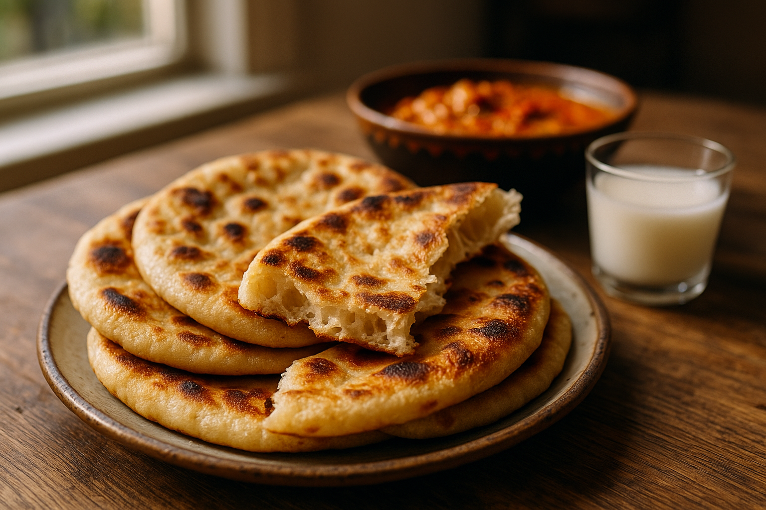 An authentic Instagram-style food photography moment capturing a real-life dining scene with golden-brown fermented flatbreads arranged on a rustic ceramic plate, their surface showing natural air pockets and slightly charred spots from traditional cooking methods. The breads are photographed in natural daylight streaming through a window, creating soft shadows and highlighting the detailed texture of the fermented dough's bubbled surface. In the background, slightly out of focus with natural depth of field like a smartphone camera, there's a vibrant curry in a traditional bowl with rich orange-red spices visible on the surface, and a small glass of creamy white coconut milk catching the light. The composition is casual and authentic, as if taken with a phone camera during an actual meal, with the breads torn open to reveal their airy, hole-filled interior structure characteristic of fermented bread. The scene is set on a weathered wooden table with natural grain visible, shot from a 45-degree angle typical of social media food photography, with realistic lighting creating natural highlights on the glossy curry surface and the slightly oily sheen of the freshly made bread. The overall aesthetic is that of a real-life TikTok or Instagram food moment, with sharp focus on the foreground bread showing every detail of its fermented texture, natural colors ranging from golden brown to deep amber where the bread is most cooked, and an authentic, unposed quality that captures a genuine dining experience.