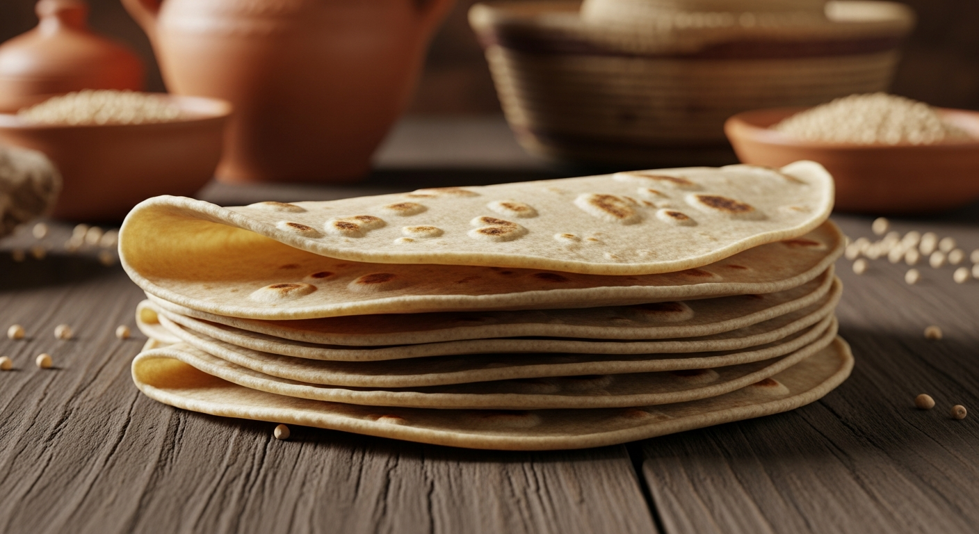 An authentic Instagram-style photo capturing a real-life moment in a Sudanese kitchen or outdoor cooking area, featuring traditional Kisra flatbread being prepared or displayed. The scene shows thin, crepe-like fermented sorghum flatbreads with their characteristic slightly spongy texture and light tan to beige color, arranged naturally on a rustic wooden surface or traditional woven basket. Natural lighting like phone camera illuminates the scene, creating soft shadows and highlighting the detailed textures of the porous surface of the Kisra bread. In the background, slightly out of focus with authentic depth of field, there are clay pots, traditional Sudanese cooking implements, and perhaps raw sorghum grains scattered nearby, all captured with the casual composition typical of real-life social media photography. The setting appears genuine and unposed, as if taken during an actual meal preparation moment, with warm, natural colors and sharp focus on the main subject. The photograph has the lifelike quality of a TikTok real-life photo or authentic everyday moment, showing realistic lighting that captures the matte finish and subtle variations in the flatbread's texture, with detailed textures visible in every element from the bread's surface to the weathered wood beneath it.
