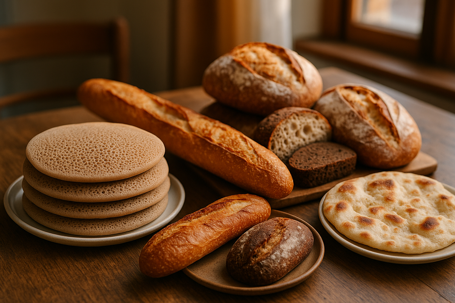 a stack of soft, spongy Ethiopian injera pancakes with their characteristic bubbly surface, a crispy French baguette with its golden-brown crust showing detailed crackling texture, fluffy sourdough loaves with visible air pockets in their crumb structure, and other international fermented breads like tangy German pumpernickel and airy Indian naan. Natural lighting like a phone camera streams in from a nearby window, creating soft shadows and highlighting the authentic textures of each bread – the rough, crusty exterior of artisan loaves contrasting with the smooth, pillowy surfaces of flatbreads. The photograph is taken from a slightly overhead angle as if someone is about to share this food moment on TikTok, with sharp focus on the varied bread textures in the foreground while the background gently blurs, showing hints of a cozy kitchen or café setting with warm, earthy tones. The realistic lighting emphasizes the natural colors of the breads ranging from deep browns to golden yellows and creamy whites, with detailed textures showing flour dusting, scoring patterns, and the organic irregularities that make each bread unique. The composition feels like an authentic everyday moment of food appreciation, captured spontaneously with a smartphone, featuring lifelike details down to the tiny air bubbles in the spongy breads and the crispy, flaky layers of the crusty varieties, all arranged on simple ceramic plates or a wooden board that adds to the casual real-world photography aesthetic.