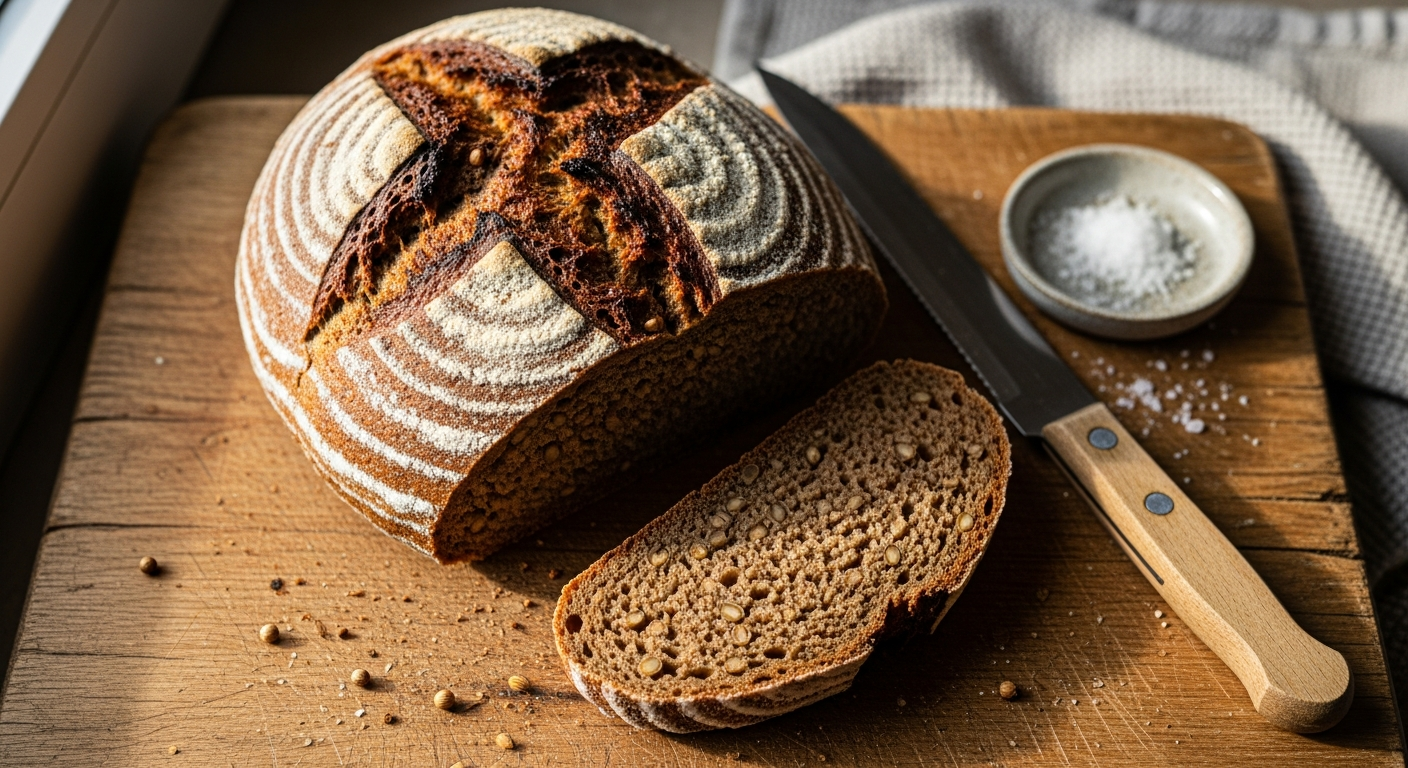 Instagram-style photo of a rustic, authentic Russian Borodinsky bread loaf captured in real-life natural lighting, as if taken with a smartphone in someone's kitchen or at a traditional Russian bakery. The distinctive dark rye sourdough bread displays its characteristic deep mahogany-brown, almost black crust with a dense, moist crumb visible where a thick slice has been cut, revealing the bread's rich dark interior studded with whole coriander seeds. The bread sits on a worn wooden cutting board or traditional Russian table with natural wood grain texture clearly visible, accompanied by casual everyday elements like a bread knife with a wooden handle, perhaps a small dish of coarse salt, or a linen kitchen towel with subtle texture. Natural window light creates authentic shadows and highlights across the bread's crusty surface, emphasizing its hearty, rustic texture and the slight sheen from molasses or malt that gives Borodinsky its signature appearance. The composition has that casual, real-world photography feel of a TikTok food photo or Instagram cooking post, with sharp focus on the bread's detailed texture, natural colors showing the deep brown tones, and authentic everyday moment quality that captures this iconic Russian sourdough in lifelike detail with realistic lighting and the imperfect, genuine aesthetic of social media food photography.