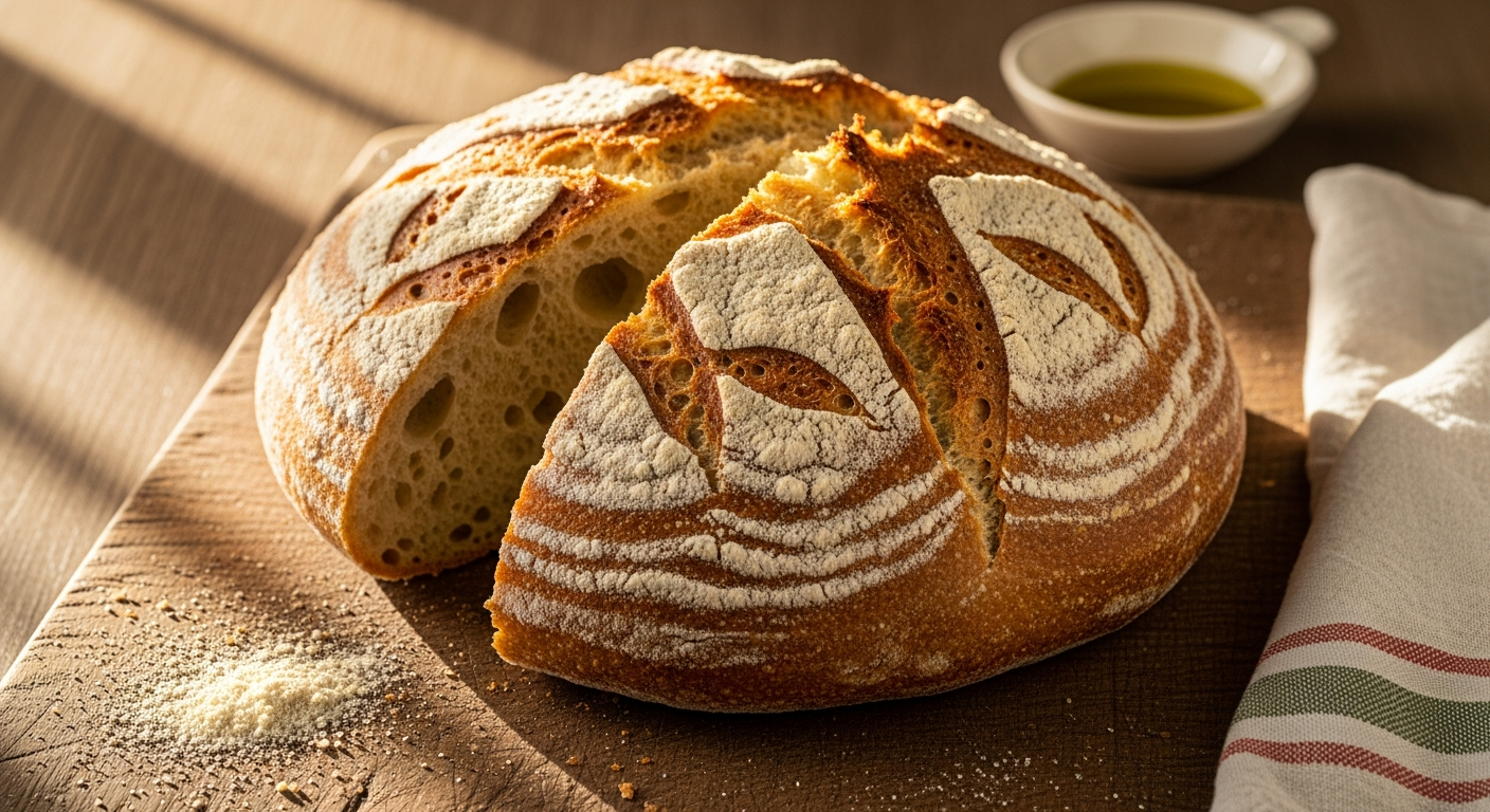 An authentic Instagram-style photo capturing a rustic Italian bakery scene featuring traditional Pane di Altamura bread from the Puglia region of southern Italy. The composition shows a beautiful golden-brown sourdough loaf with its characteristic thick, crunchy crust and distinctive durum wheat semolina color, photographed on a weathered wooden cutting board in natural daylight streaming through a kitchen window. The bread displays its iconic large, rounded shape with deep scoring marks across the top, revealing the airy, cream-colored crumb structure with irregular holes characteristic of this ancient Italian sourdough variety. Shot with smartphone camera quality showing realistic lighting and natural color tones, the scene includes artisanal details like scattered durum wheat flour on the rustic surface, a traditional Italian linen cloth partially draped nearby, and perhaps a glimpse of olive oil in a small ceramic dish, all captured in sharp focus with detailed textures that showcase the bread's crusty exterior and the authentic atmosphere of an Italian home kitchen or traditional bakery. The real-life moment features warm, golden-hour lighting that emphasizes the bread's beautiful caramelized crust and creates an inviting, casual real-world photography aesthetic typical of food content shared on TikTok or Instagram, with the depth of field and natural shadows that make it look like an authentic everyday moment captured spontaneously rather than professionally staged.