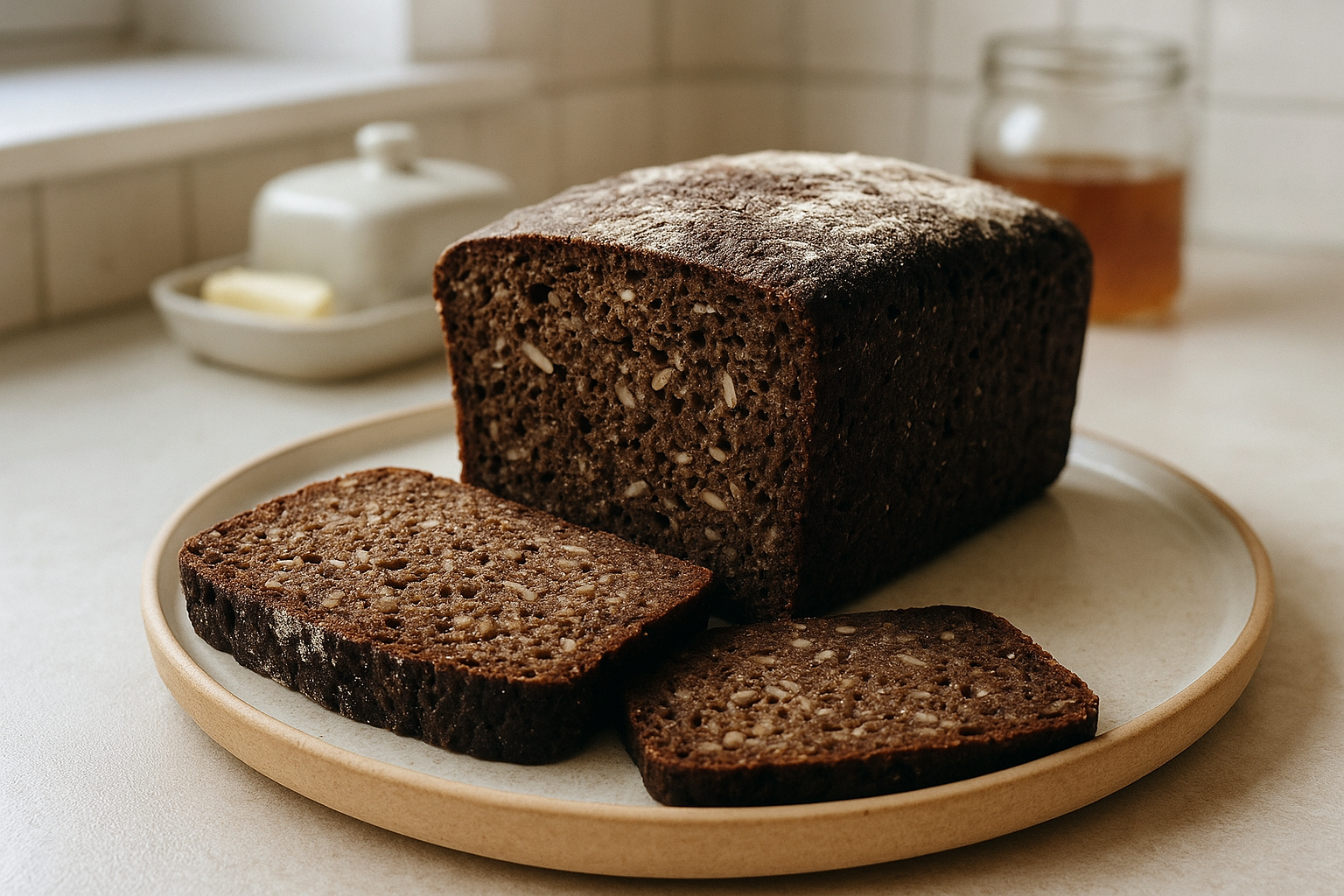 An authentic Instagram-style photo capturing a rustic Danish kitchen scene featuring traditional rugbrød, Denmark's iconic dark rye sourdough bread, photographed with natural lighting like a phone camera. The image shows a thick, dense loaf of rugbrød with its characteristic deep brown, almost black color and coarse, grainy texture studded with whole rye kernels and seeds, sliced to reveal its moist, compact crumb structure. The bread is arranged on a simple wooden cutting board or light-colored ceramic plate in a casual real-world photography style, with one or two slices laid flat to showcase the bread's distinctive dense interior filled with visible grains and seeds. Soft, diffused natural window light illuminates the scene from the side, creating gentle shadows and highlighting the rough, flour-dusted crust and the intricate texture of the whole grain sourdough, captured with sharp focus and detailed textures as if taken with a smartphone. In the background, slightly out of focus, there are subtle hints of a Scandinavian kitchen aesthetic—perhaps a simple white countertop, a butter dish, or a jar of honey—creating an authentic everyday moment that feels like a real-life TikTok or Instagram food photography post. The composition uses a casual overhead or three-quarter angle typical of social media food content, with realistic lighting that emphasizes the bread's hearty, wholesome appearance and natural colors ranging from dark chocolate brown to the lighter tan of the rye flour dusting, creating a lifelike representation of this famous Danish sourdough tradition.