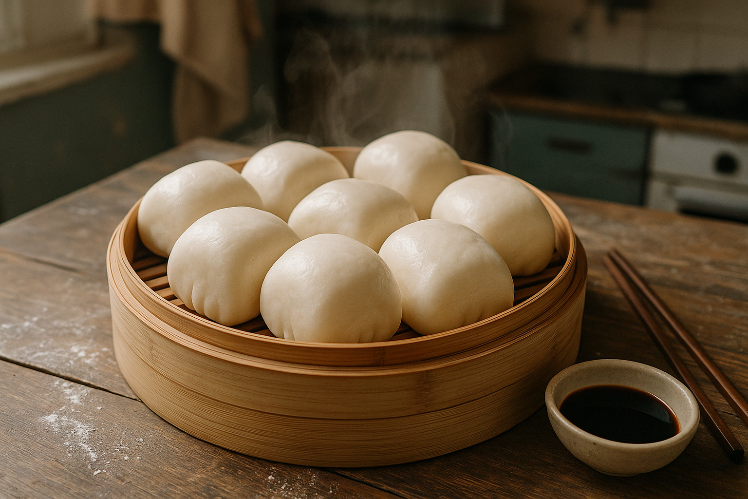 An authentic Instagram-style photo capturing a real-life moment of traditional Chinese mantou steamed buns arranged on a rustic bamboo steamer basket, shot with natural lighting like a phone camera in someone's home kitchen. The white, pillowy soft mantou buns have a slightly glossy surface with realistic texture details visible, their characteristic smooth rounded tops and subtle pleats at the bottom clearly shown in sharp focus. The scene is photographed from a casual overhead angle typical of TikTok food photography, with the bamboo steamer placed on a weathered wooden table surface, surrounded by authentic everyday elements like chopsticks, a small ceramic dish with dark soy sauce, and scattered flour dusting. Natural window light streams in from the side creating soft shadows and highlighting the detailed textures of the fluffy bread, while steam gently rises from the hot buns creating a lifelike, appetizing atmosphere. The background shows a blurred real Chinese kitchen setting with traditional elements barely visible, maintaining that casual real-world photography aesthetic where someone is about to enjoy their homemade meal, captured in natural colors with the warm, inviting quality of authentic social media food photography.