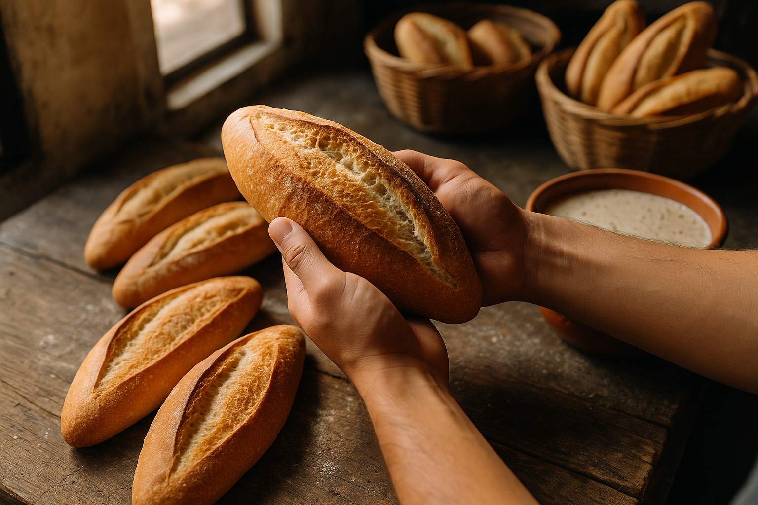 An authentic Instagram-style photo capturing a rustic Mexican bakery scene in Guadalajara, featuring traditional sourdough-style birote bread with its distinctive thick, golden-brown crunchy crust displayed on a weathered wooden counter. The real-life moment shows a baker's hands holding one of these artisanal oval-shaped loaves, its deeply scored surface revealing the airy, tangy crumb inside, with natural lighting streaming through a window creating dramatic shadows and highlighting the bread's crusty texture. In the background, slightly out of focus with natural depth of field as if taken with a smartphone, more freshly baked birote loaves are arranged in woven baskets, while a bowl of natural sourdough starter sits nearby with visible bubbles on its surface. The casual real-world photography captures the authentic everyday moment of this traditional bread-making craft, with warm earth tones dominating the scene—golden wheat colors, rich browns of the crust, and the warm terracotta of traditional Mexican pottery visible in the composition. The detailed textures show flour dust on the wooden surface, the crackling pattern of the bread's crust, and the rustic, handmade quality of each loaf, all captured with the sharp focus and realistic lighting typical of TikTok real-life food photography, emphasizing the bread's robust construction designed to hold up against the spicy sauces of the famous torta ahogada sandwich.