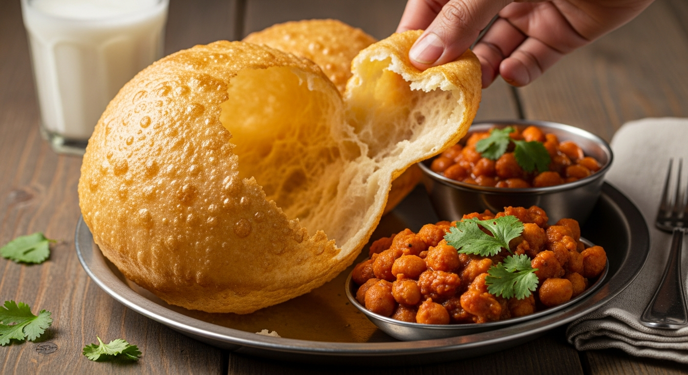 Instagram-style photo of an authentic Indian street food scene captured in natural morning light, showing a freshly fried bhatura bread dramatically puffed up like a golden balloon on a traditional steel plate, its surface glistening with oil droplets and displaying a beautiful golden-brown crispy texture with visible air pockets and char marks. The photo is taken from a slightly elevated angle as if someone is about to eat, with a smartphone's natural lighting creating realistic shadows and highlights on the bread's glossy, blistered surface. Next to the inflated bhatura sits a generous serving of spicy chana masala (chickpea curry) in a small steel bowl, the rich orange-red gravy with visible chickpeas and fresh cilantro garnish creating an appetizing contrast. The scene is set on a rustic wooden table or traditional Indian thali setup, with condensation droplets visible on a glass of lassi or water in the background, slightly out of focus to create natural depth of field like a phone camera would capture. The composition includes casual elements like a folded napkin, scattered coriander leaves, and perhaps someone's hand reaching toward the food with a piece of bhatura, making it feel like an authentic everyday moment captured for TikTok or Instagram food content. The lighting is warm and natural, streaming in from a window or outdoor setting, creating the kind of appealing, lifelike food photography that gets thousands of likes on social media, with sharp focus on the bread's detailed textures showing its airy, layered interior where it's been torn open, revealing the hollow center and soft, pillowy structure that makes bhatura so distinctive and visually impressive in real-life food photography.