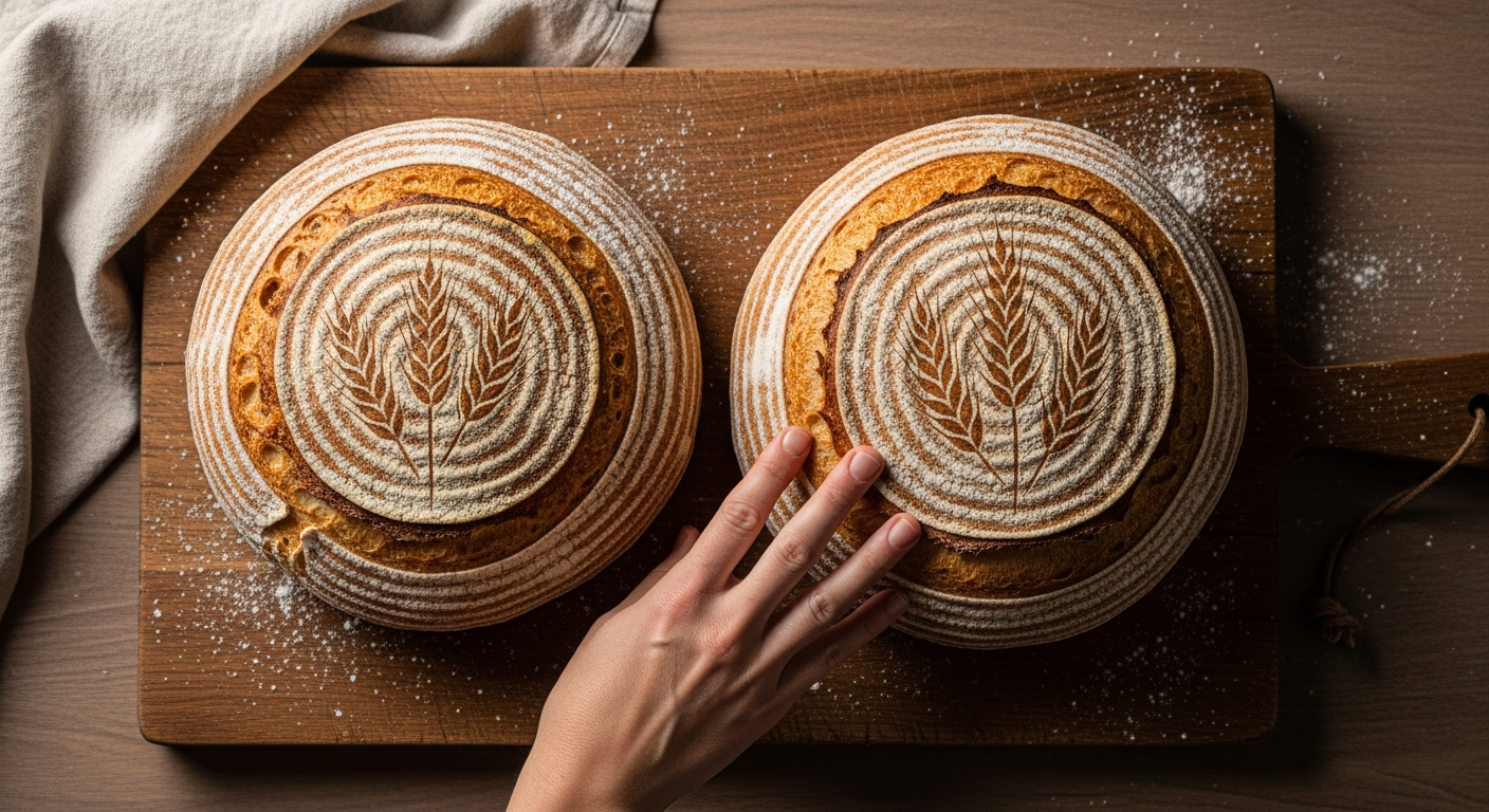 A close-up overhead shot of freshly baked artisan sourdough loaves on a rustic wooden cutting board, showcasing intricate scoring patterns that have opened beautifully during baking, with dramatic ear formations and golden-brown crusted ridges creating elegant geometric designs across the bread's surface. Natural morning light streams through a nearby window, casting soft shadows that emphasize the textured patterns and depth of the scores. A professional baker's hand wearing a simple apron is gently touching one of the loaves, displaying the crusty exterior with its perfectly expanded wheat stalk pattern. Scattered flour dust catches the light on the dark wooden surface, with a linen kitchen towel casually draped in the background, creating an authentic artisanal bakery atmosphere with warm, inviting tones and shallow depth of field.