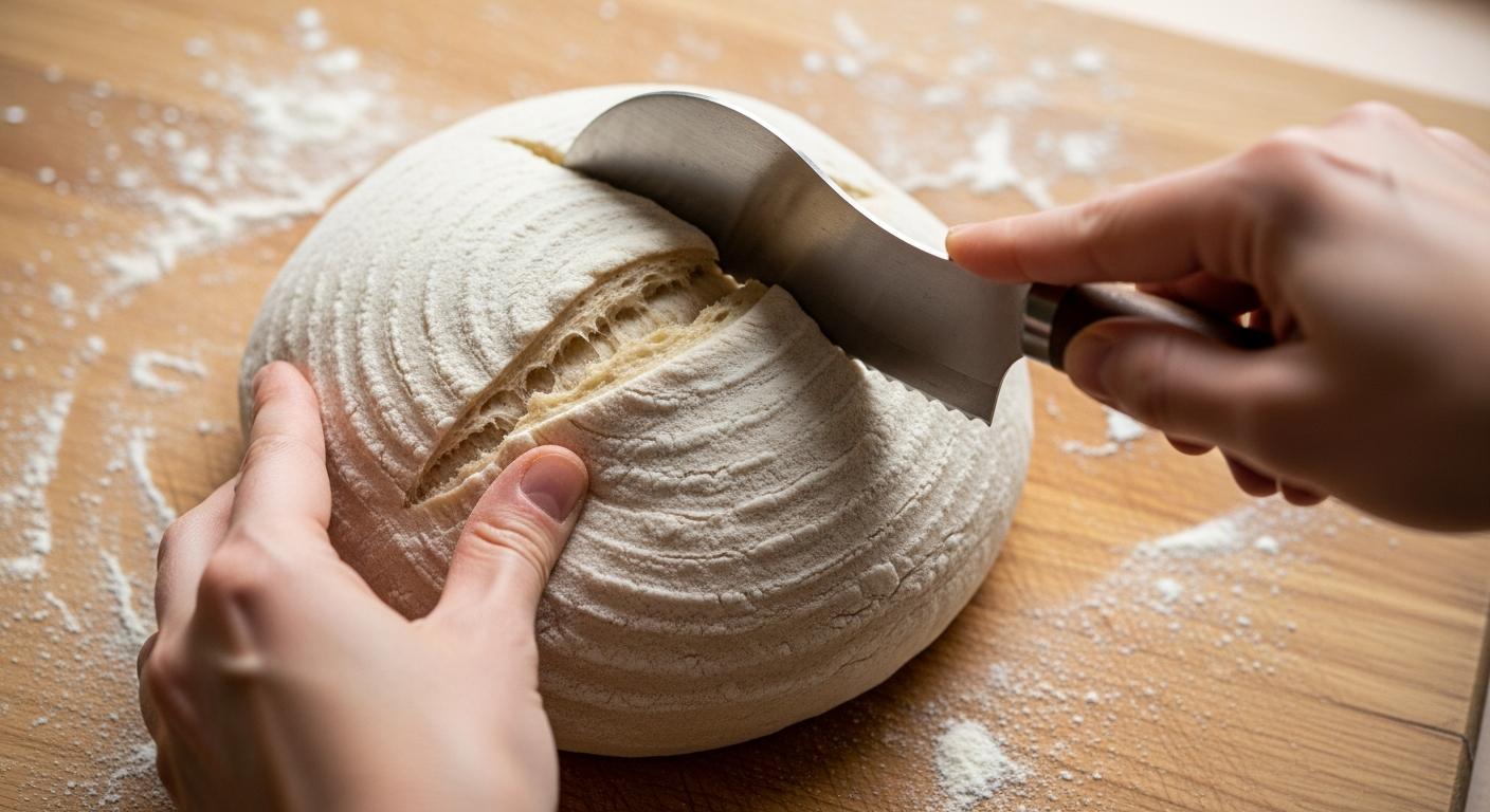 A close-up overhead shot of hands holding a curved lame blade making a decisive scoring cut through the pale, flour-dusted surface of a round sourdough loaf on a rustic wooden cutting board, captured in soft natural window light streaming from the side, creating gentle shadows that highlight the smooth texture of the raw dough and the precise movement of the blade, shot in the authentic style of artisan bread baking content with shallow depth of field focusing on the scoring action while a few scattered flour particles catch the morning light in the blurred background