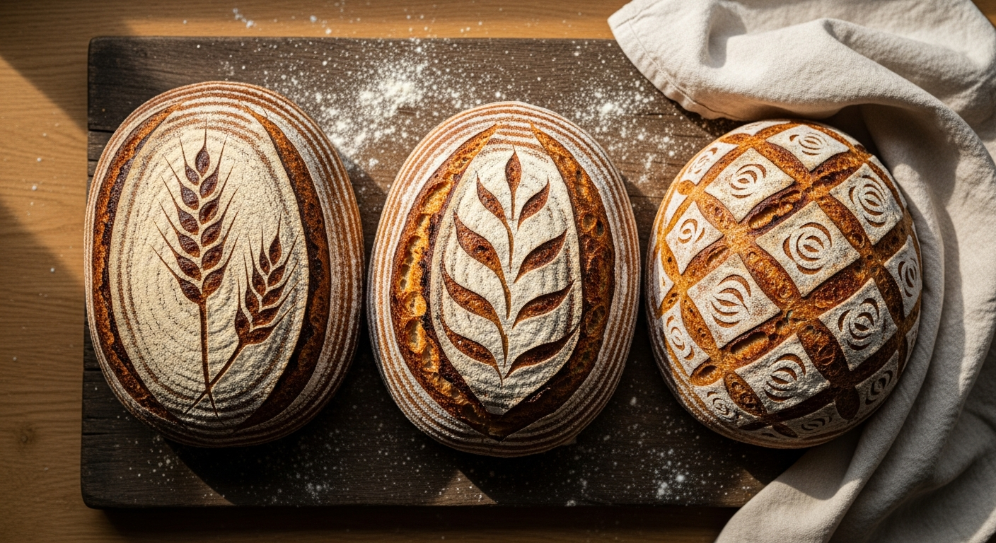 A overhead flat lay shot of freshly baked artisan sourdough bread loaves on a rustic wooden cutting board, showcasing intricate scoring patterns including wheat stalks, leaf designs, and geometric cuts that have beautifully opened during baking, with golden-brown crusts contrasting against the pale expanded cuts, natural window light streaming across the scene creating soft shadows, a linen kitchen towel casually draped to one side, scattered flour dusting the wooden surface, professional food photography style with shallow depth of field, warm and inviting bakery atmosphere, the scored patterns appearing deceptively simple yet creating stunning visual complexity in the finished loaves