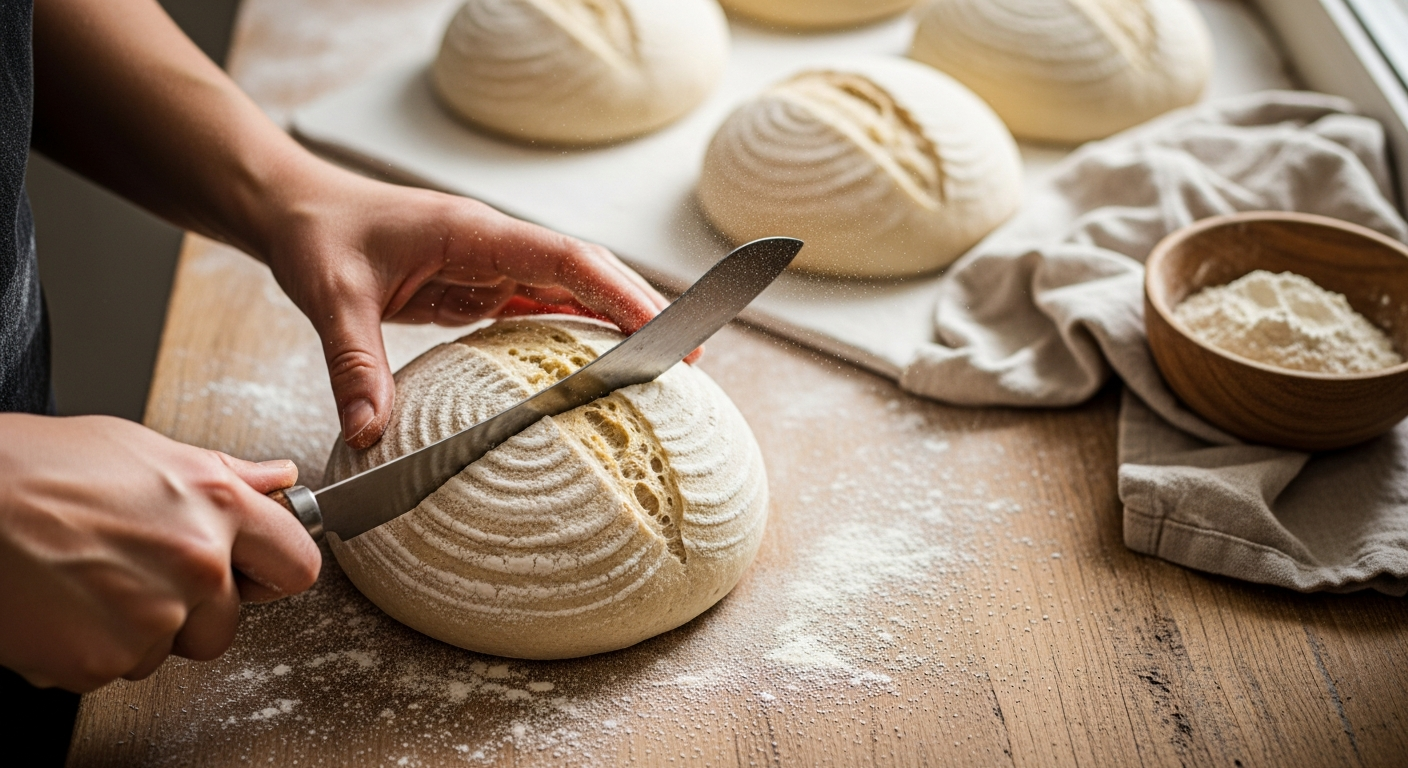 A close-up overhead shot of a baker's hands holding a curved lame blade, making an elegant diagonal slash across the surface of a round, flour-dusted sourdough loaf on a wooden work surface. The scene captures the precise moment of scoring, with the blade creating a clean cut that reveals the pale dough beneath the darker, flour-covered crust. Soft natural morning light streams in from a nearby window, casting gentle shadows and highlighting the texture of the dough and the fine flour particles in the air. In the background, slightly out of focus, are additional shaped sourdough rounds waiting to be scored, along with a linen proofing cloth and a small bowl of flour. The baker's hands show flour dust on the fingers, and the wooden countertop has a rustic, well-used appearance. The composition emphasizes the artisanal craft and intimate details of the bread-making process, shot in warm, natural tones with shallow depth of field typical of food photography on social media.