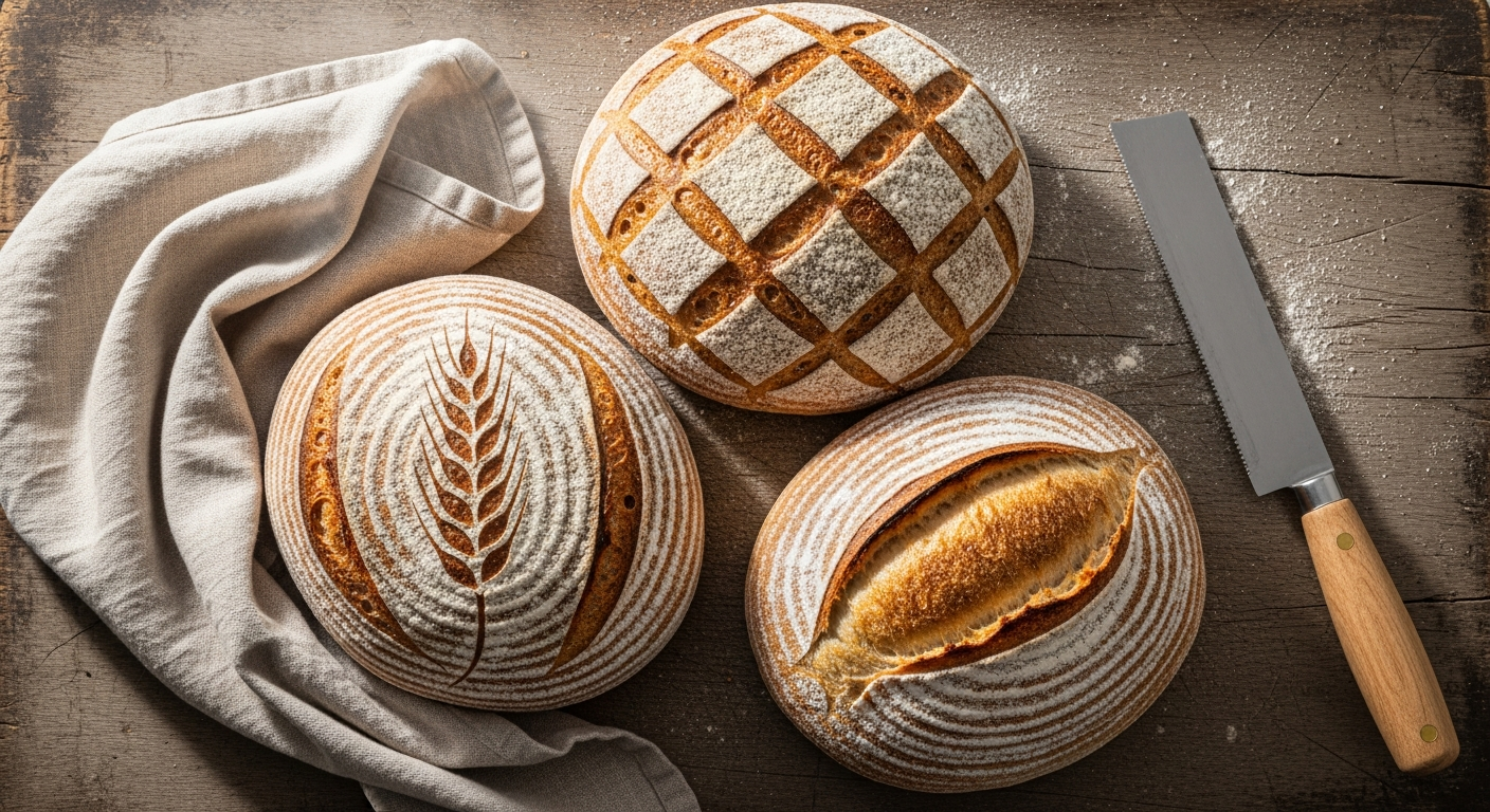 A close-up overhead shot of freshly baked artisan sourdough loaves on a rustic wooden board, showcasing various intricate scoring patterns cut into the golden-brown crusts - one loaf features a classic wheat stalk design with deep slashes, another displays a geometric diamond pattern, and a third shows a simple curved slash that has opened into a dramatic ear with a crispy, caramelized edge. Natural morning light streams through a nearby window, creating soft shadows that emphasize the depth and texture of the scores. The crusts range from deep amber to golden brown, with flour dusting still visible in the grooves of the cuts. A linen kitchen towel in muted beige lies casually beside the loaves, and a professional bread lame with a wooden handle rests nearby on the weathered cutting board. Steam still seems to hover in the air, suggesting the bread has just emerged from the oven. The scoring patterns have opened beautifully during baking, creating dramatic ridges and valleys that catch the light, showcasing the perfect oven spring and crust development that proper scoring technique achieves.