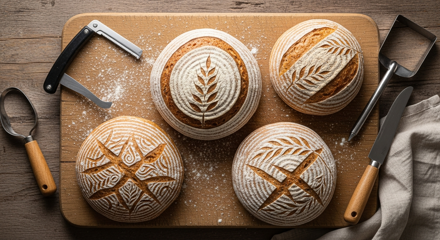 A overhead flatlay photograph of a rustic wooden cutting board with freshly scored artisan sourdough loaves displaying various decorative slash patterns, surrounded by professional bread scoring tools including a curved lame with exposed razor blade, straight scoring knife, and a traditional grignette. The uncooked dough shows intricate geometric cuts, wheat stalk designs, and classic single slash patterns with the cuts revealing the pale interior dough against the darker floured exterior. Natural morning light streams from a nearby window creating soft shadows across the textured surface of the bread, highlighting the three-dimensional depth of each score mark. Scattered all-purpose flour dusts the weathered wood surface, with a linen kitchen towel casually draped in the corner. The composition captures the artisanal baker's workspace in warm, authentic tones with shallow depth of field focusing on the detailed scoring patterns while professional baking tools rest naturally around the scene.