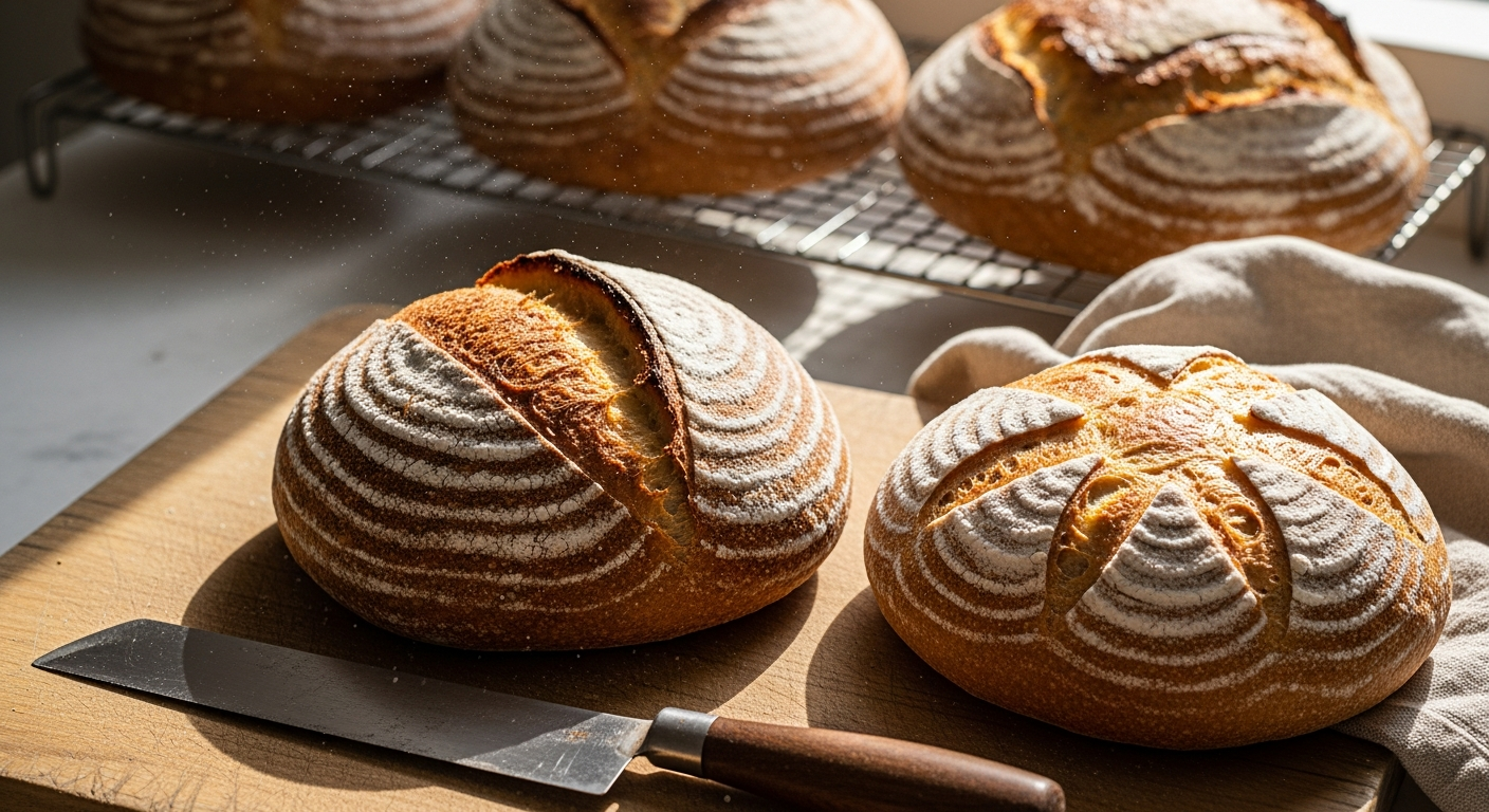 A rustic artisan sourdough boule rests on a wooden cutting board, its golden-brown crust displaying a dramatic ear formation along a deep diagonal slash that runs across the entire surface. The bread sits in warm natural window light that highlights the caramelized ridges and flour-dusted curves of the crust. Beside it, another round loaf showcases an intricate starburst pattern with six evenly-spaced cuts radiating from the center like flower petals, each score revealing the pale interior crumb beneath the deeply bronzed exterior. A traditional baker's lame with a curved razor blade lies casually on the worn wooden surface, its handle showing signs of frequent use. In soft focus behind the loaves, additional scored boules cool on a wire rack, their various patterns creating shadows in the afternoon sunlight streaming through a nearby window. Fine particles of flour dust float in the light beams, and the textured linen proofing cloth draped beneath one loaf adds authentic bakery atmosphere. The composition captures the artisanal craft from a slightly elevated angle, shot in the documentary style typical of food artisan Instagram posts, with warm tones and shallow depth of field that draws attention to the intricate scoring details and crusty textures.