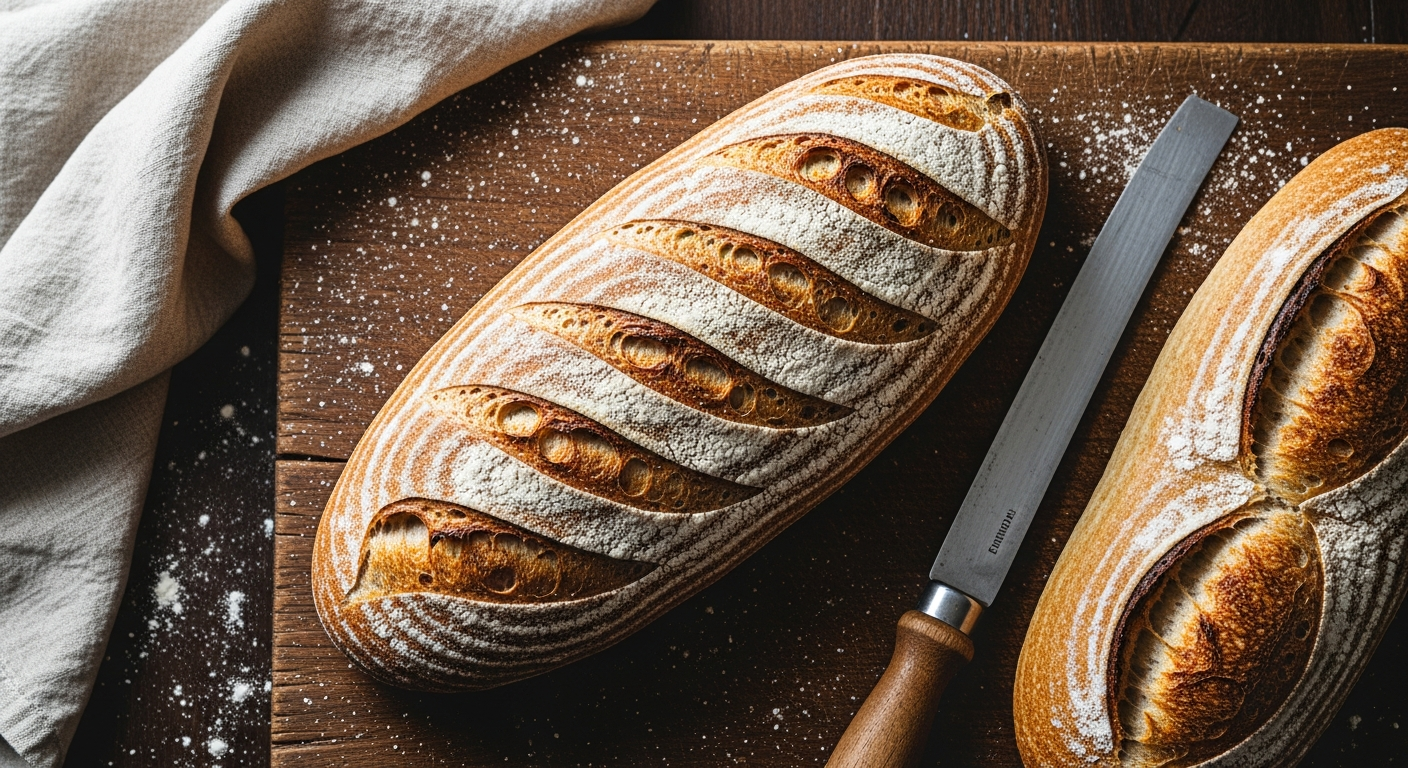 A rustic overhead shot of freshly baked sourdough batard loaves on a wooden cutting board, featuring golden-brown crusts with dramatic scoring patterns creating raised ridges and ears along the elongated oval shapes. The main loaf in focus displays a prominent central score running lengthwise with beautiful diagonal slash marks on each side, creating a wheat stalk or leaf pattern. The crust has opened during baking to reveal a creamy interior crumb structure peeking through the cuts. Natural morning light streams from a nearby window, casting soft shadows that emphasize the dimensional texture of the scored patterns and the contrast between the dark caramelized edges and lighter expanded cuts. A professional baker's lame with a curved blade rests casually beside the bread, its wooden handle showing flour dust. Scattered flour particles catch the light on the dark wooden surface, and a linen kitchen towel in muted beige lies artfully draped in the background, creating an authentic artisan bakery atmosphere with shallow depth of field and warm, inviting tones.