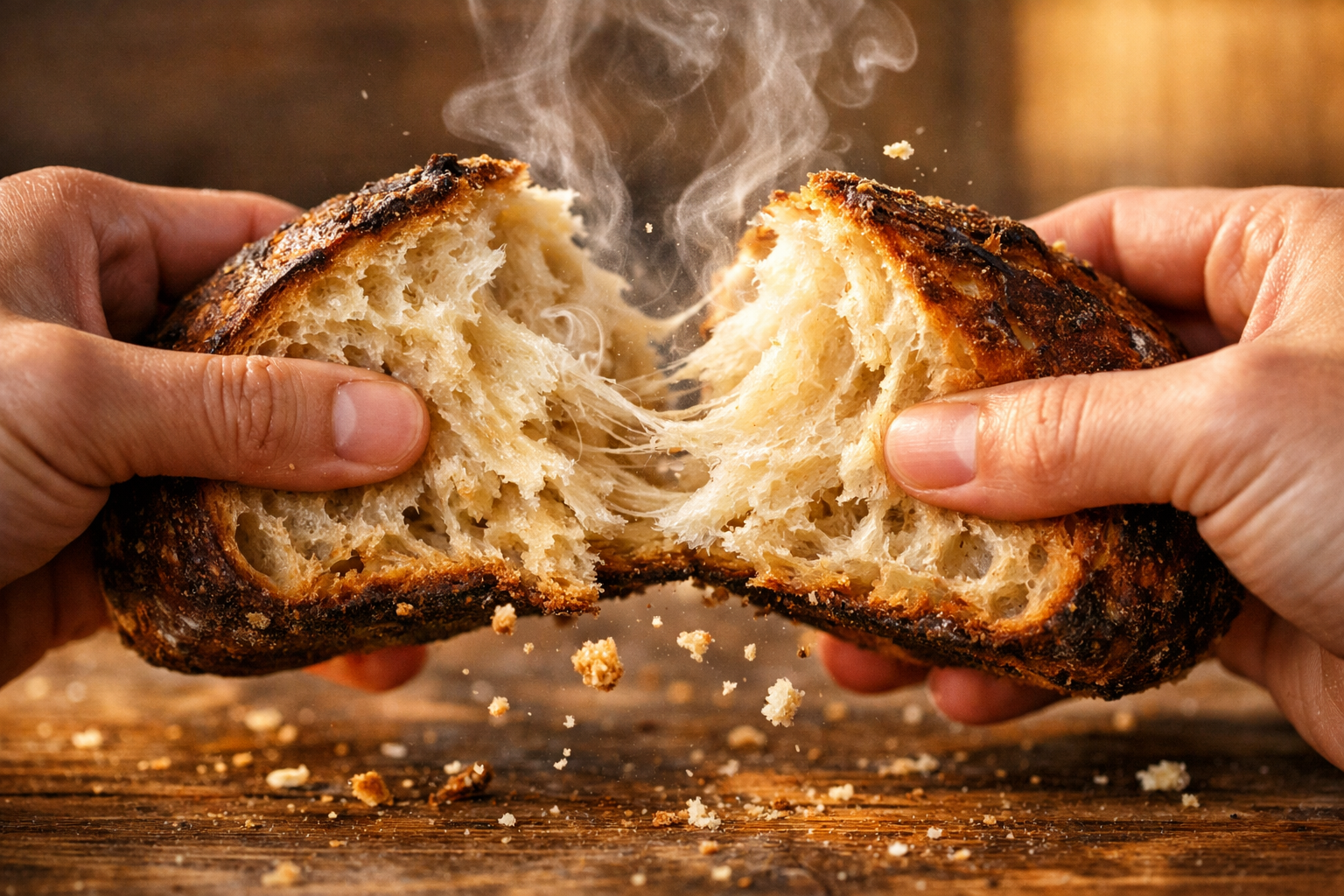 A close-up action shot of two hands tearing apart a thick slice of freshly baked sourdough bread over a rustic wooden table, the bread mid-split with steam visibly rising from the soft, airy crumb interior, natural window light catching the irregular holes and chewy texture of the exposed interior, crumbs falling in mid-air frozen by the camera, the rough dark crust contrasting with the pale doughy center, shot with shallow depth of field at eye level, warm afternoon light, authentic documentary photography style.