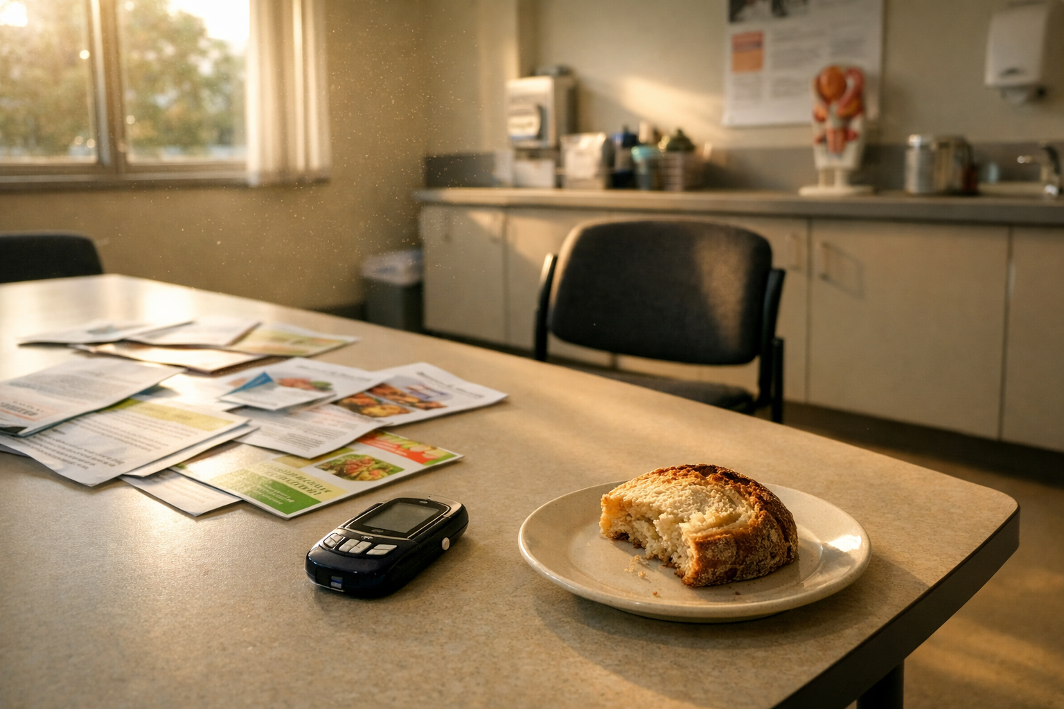A wide shot of a sunlit hospital dietary consultation room, pulled back to show the full environment — a long table with scattered medical pamphlets, a blood glucose monitoring device, a half-eaten slice of rustic sourdough bread on a ceramic plate, and an empty chair beside a window with soft afternoon light streaming in across the linoleum floor, the room quiet and clinical yet humanized by the everyday food sitting on the table, the scene conveying the intersection of medical care and diet without any person present, natural daylight casting long shadows across the wide open space.