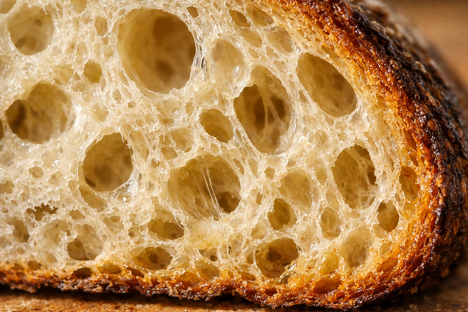 Extreme close-up macro photograph of a freshly sliced sourdough loaf cross-section resting on a raw wooden cutting board, the shot filling the entire frame with the bread's open, irregular crumb structure — large air pockets of varying sizes surrounded by a creamy off-white to pale golden interior, the gluten strands visibly stretched and translucent between the holes, the crust edge catching warm natural window light from the side to reveal a deep amber-brown caramelized surface with a slightly shiny sheen. The texture is the entire subject — every pore, every bubble, every fibrous strand of fermented dough rendered in sharp photographic detail, shot with a shallow depth of field so the foreground crumb is razor-sharp while the background softens slightly. Natural diffused morning light, no artificial lighting, no people, no props, no text visible anywhere.