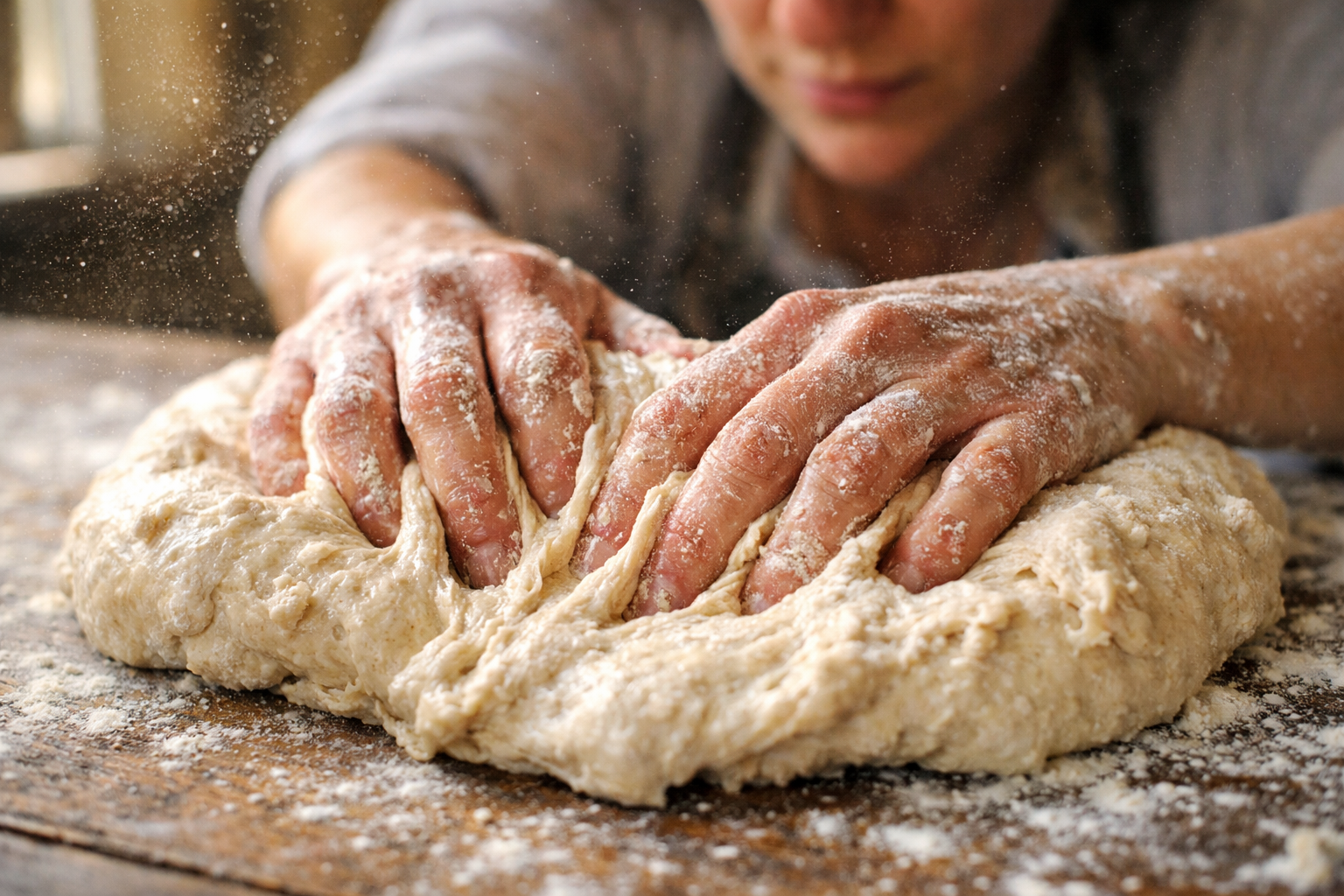 A candid close-up photograph of a baker's flour-dusted hands mid-motion, actively folding a slack, sticky sourdough dough mass on a worn wooden work table, fingers pressing deep into the wet dough as it stretches and tears slightly at the edges, the baker's face partially visible and slightly out of focus in the background showing intense concentration, natural morning light streaming through a nearby window casting soft shadows across the dough's uneven surface, a small glass jar of active bubbling starter visible at the edge of the frame, the scene captured as if a kitchen journalist snapped it without the baker noticing.