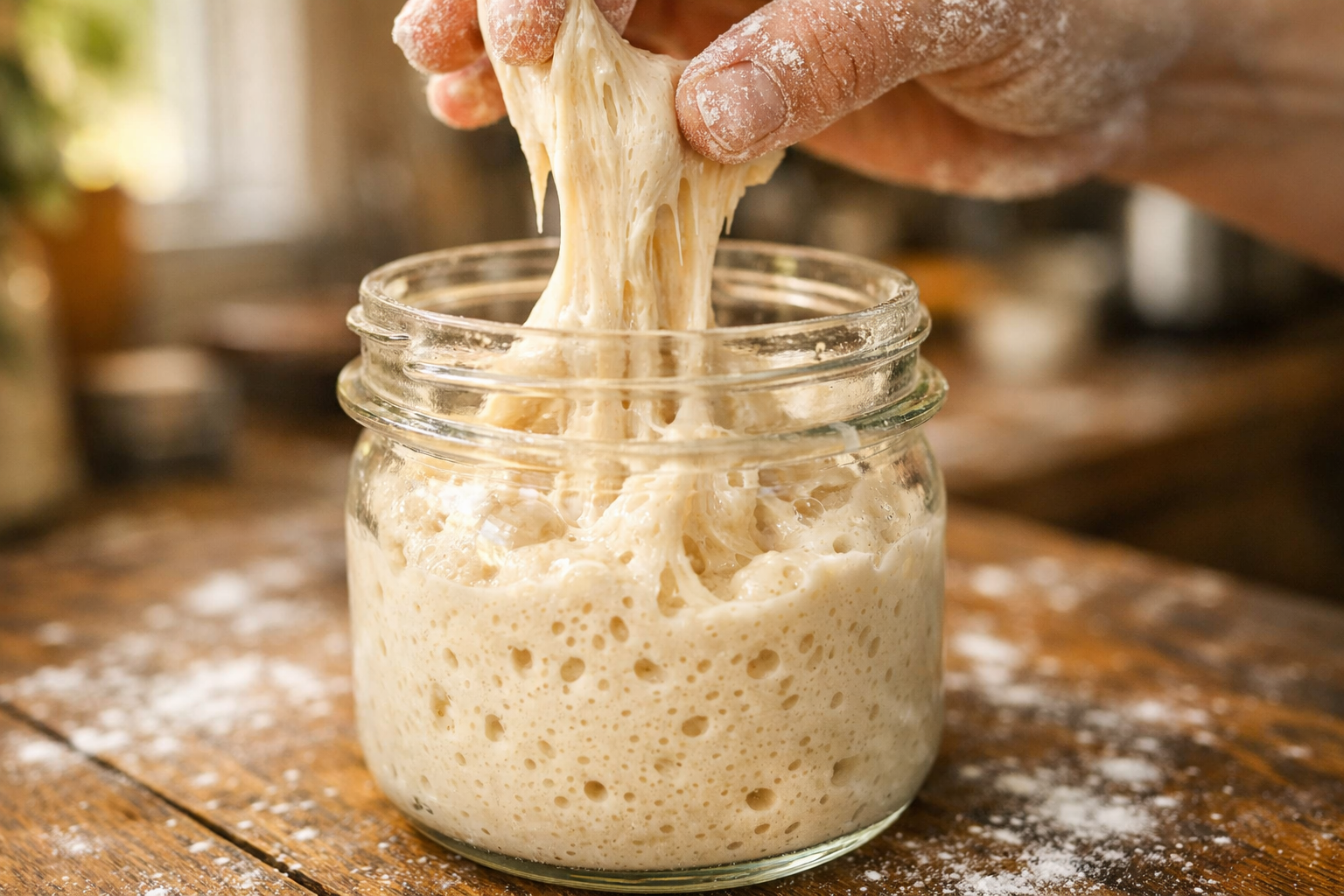 A home baker's flour-dusted hands actively folding a pale, bubbly sourdough starter in a clear glass jar on a worn wooden kitchen counter, the thick fermented dough stretching and pulling in mid-motion, small bubbles visibly bursting at the surface, warm afternoon window light casting natural shadows across the jar, captured mid-action at close range with a shallow depth of field emphasizing the living, active texture of the culture.