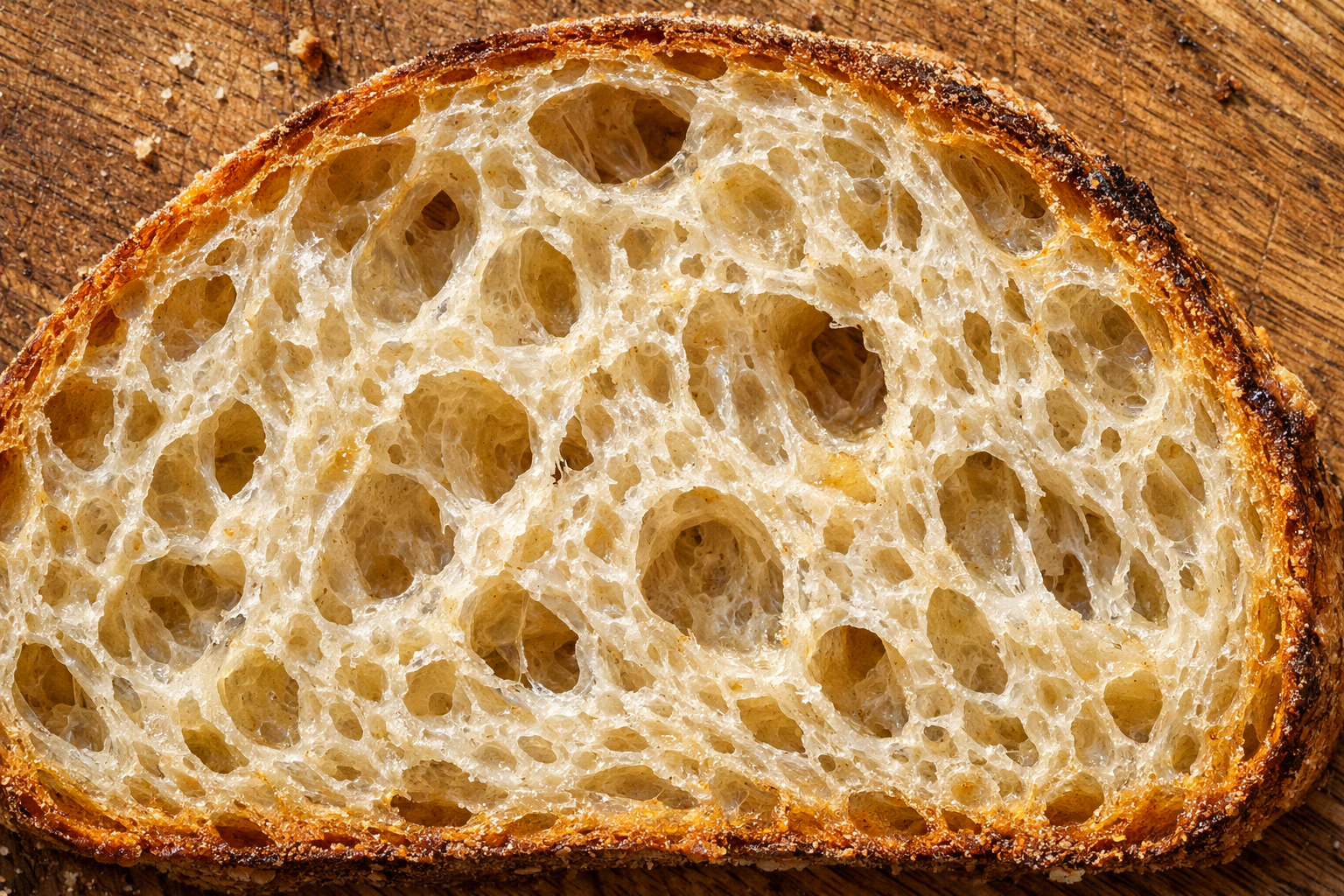 A macro close-up photograph of a cross-section of a single sourdough bread slice, shot from directly above with natural window light raking across the surface, revealing the intricate open crumb structure with irregular air pockets of varying sizes, the golden-amber crust edge visible at the frame's border, the spongy interior showing deep cream and warm tan tones with a slightly glossy sheen on the cell walls, texture so sharp and detailed that individual gluten strands and fermented grain fibers are visible, shot on a wooden cutting board with natural morning light casting soft shadows into each cavity, no people, filling the entire frame.