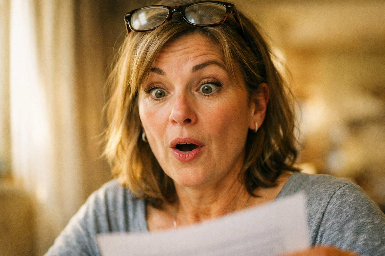 A candid close-up photograph of a middle-aged woman with reading glasses pushed up on her forehead, caught mid-expression with eyebrows raised and lips slightly parted in a look of genuine surprise and intrigue as she reads something on a printed page she's holding, natural window light falling across her face from the left, shallow depth of field blurring the background into warm neutral tones, shot from a slight low angle as if a companion snapped the photo unnoticed, authentic documentary style with slight grain, no text visible anywhere in the frame.