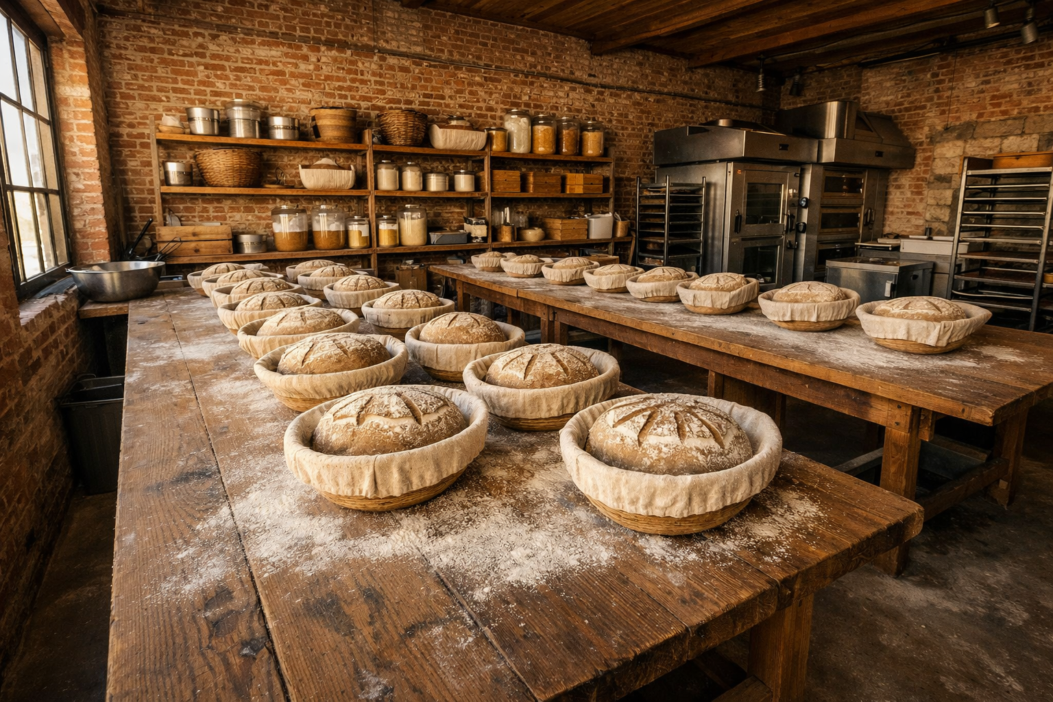 A wide environmental shot inside a rustic artisan bakery, pulling back to reveal the full open workspace — long wooden worktables dusted with flour stretching across a warm, naturally lit room with exposed brick walls and tall windows letting in soft morning light. In the middle distance, several large round sourdough loaves rest on linen-lined proofing baskets arranged across the table, their scored surfaces visible from across the room. Shelves along the back wall hold stacked baking tins and ceramic crocks of bubbling starter cultures. The space feels lived-in and unhurried — a slow-fermentation environment where the entire room communicates patience and process. No people visible, no close-ups, no text or signage anywhere in the frame. Shot with a wide-angle lens from the far corner of the room, capturing the full scale of the bakery interior bathed in honest, ambient morning light.