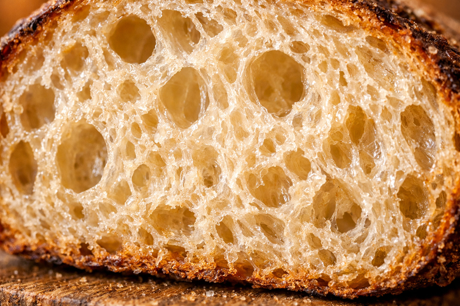 Extreme close-up macro photograph of a freshly cut cross-section of sourdough bread resting on a worn wooden cutting board, the interior crumb structure filling the entire frame, irregular air pockets and glossy cell walls catching warm natural window light from the side, the spongy open texture revealing layers of chewy translucent gluten strands stretched between bubbles of varying sizes, a faint sheen of moisture visible on the cut surface, the pale cream and golden-tan tones of the fermented crumb contrasting with the darker caramelized crust just visible at the edge, shallow depth of field blurring the background crust into soft amber, shot with a macro lens at f/2.8, natural morning kitchen light, no people, no text.